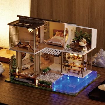 Cute Room 3D-Puzzle DIY holz Miniature Haus Puppenhaus Chalet mit Pool, Puzzleteile, 3D-Puzzle, Miniaturhaus, Maßstab 1:32, Modellbausatz zum basteln