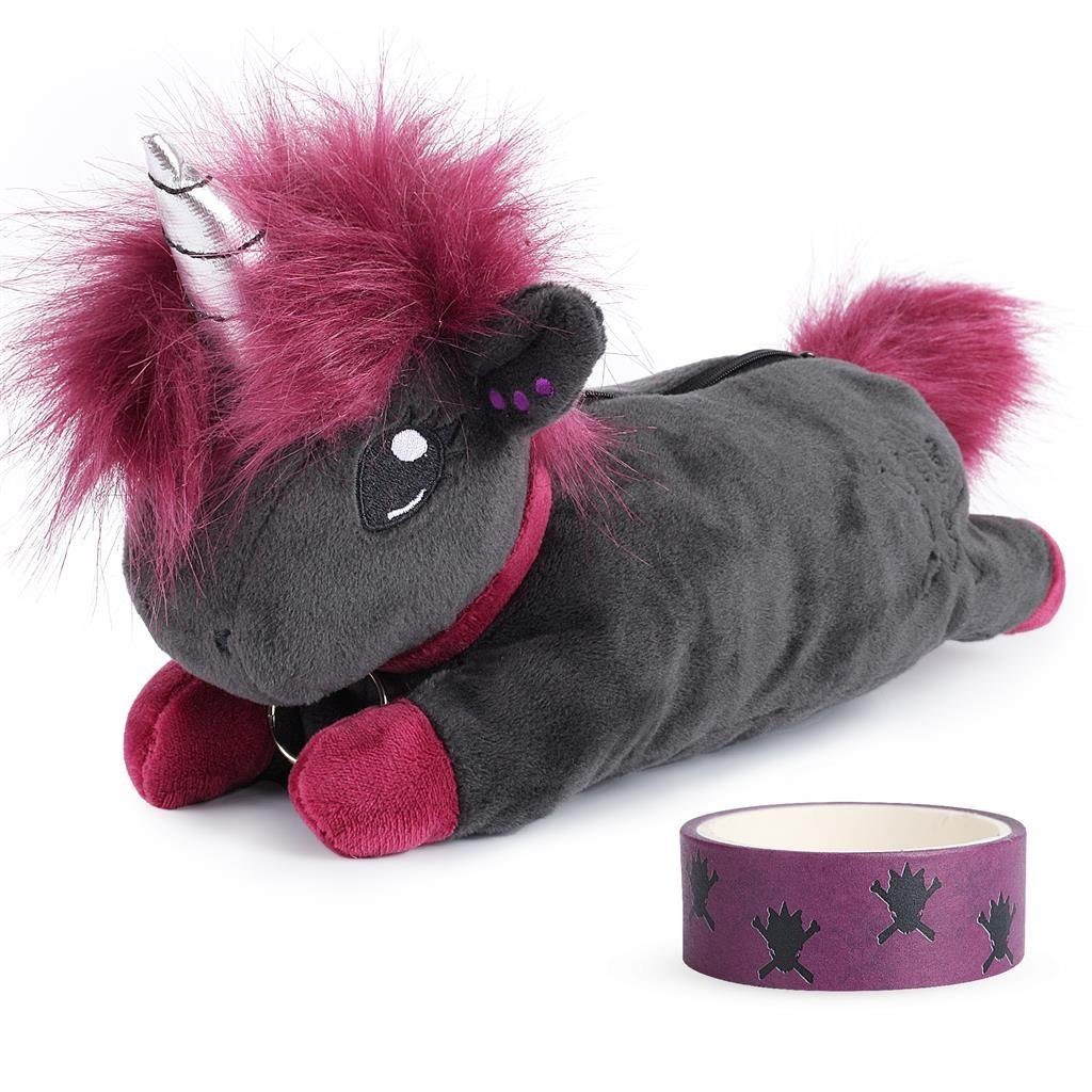 Corimori Federmäppchen Plüsch Etui, süße Designs als Drache & Einhorn, Ruby das Punk-Einhorn (anthrazit/lila) - Schule, Schultüte, Washi Tape