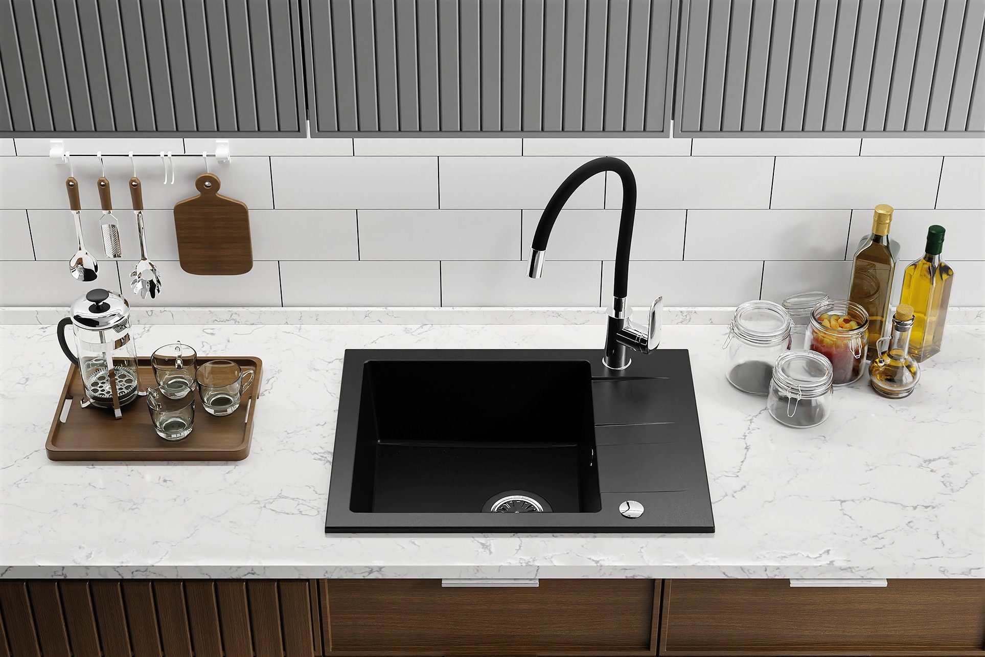 KOLMAN Küchenarmatur Wasserhahn Auslauf mit Schwarz ELZA in flexiblen Küchenmischer