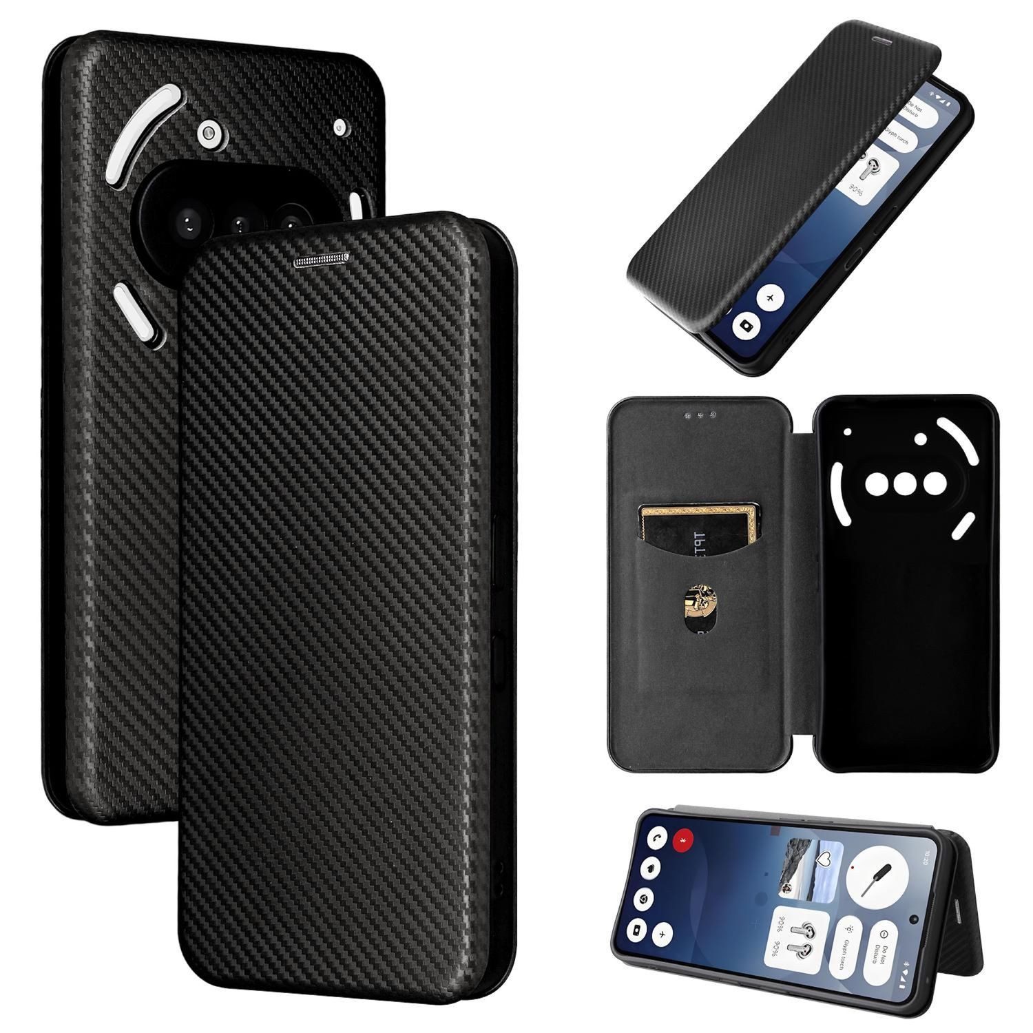 Wigento Smartphone-Hülle Für Nothing Phone 3a Carbon Faser Flip Textur Schutz Hülle Schwarz, Carbon Faser Flip Schutzhülle mit Kartenfach und Ständer