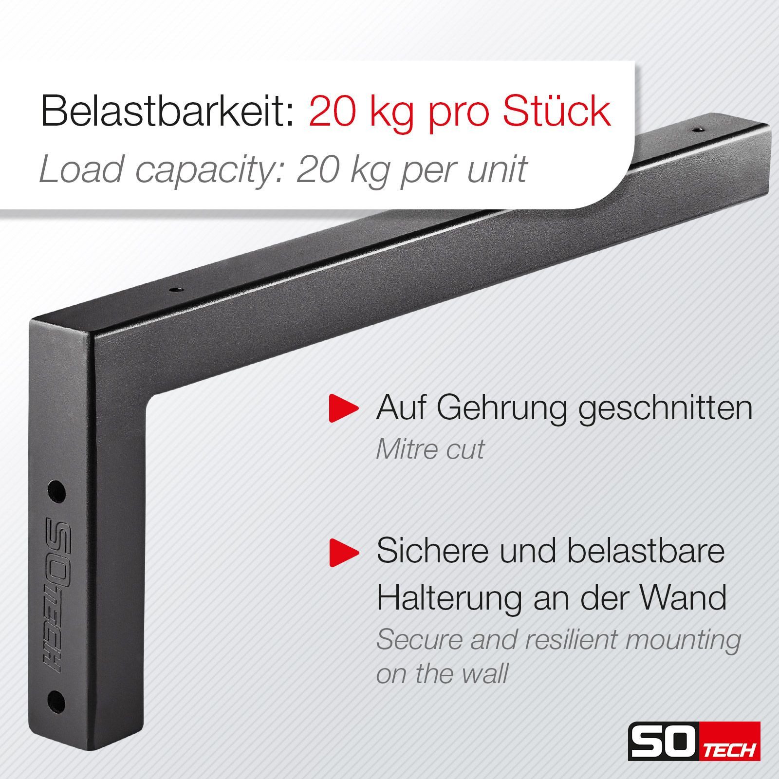 SO-TECH® Wandregalhalter Wandkonsole in L-Form robuste Regalkonsole zur Wandmontage, 2-tlg., 300 x 150 x 30 mm, Waschtischkonsole schwarz matt – Bild 3 von 5
