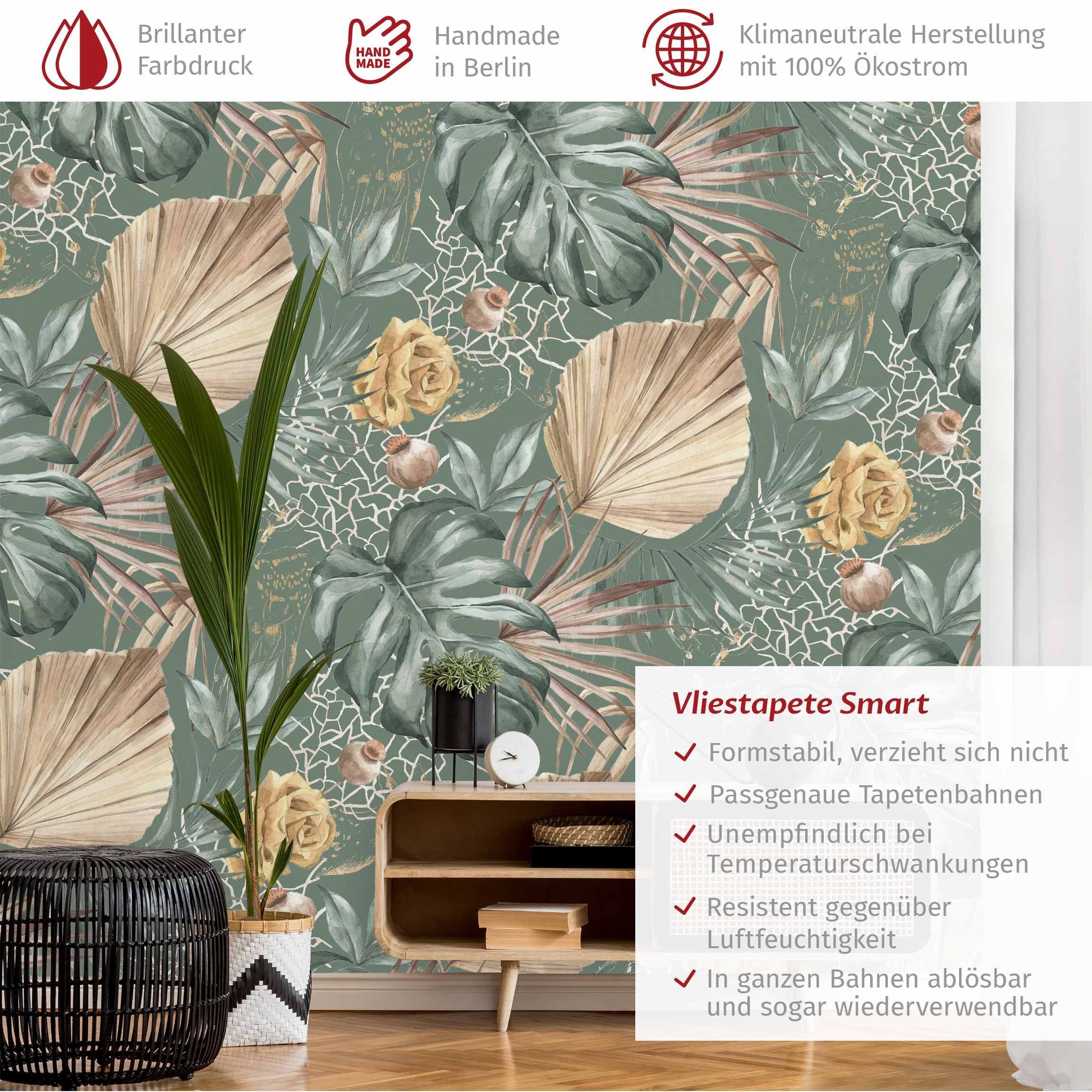 Bilderdepot24 Mustertapete Muster Große Blätter Rosen günstig online kaufen