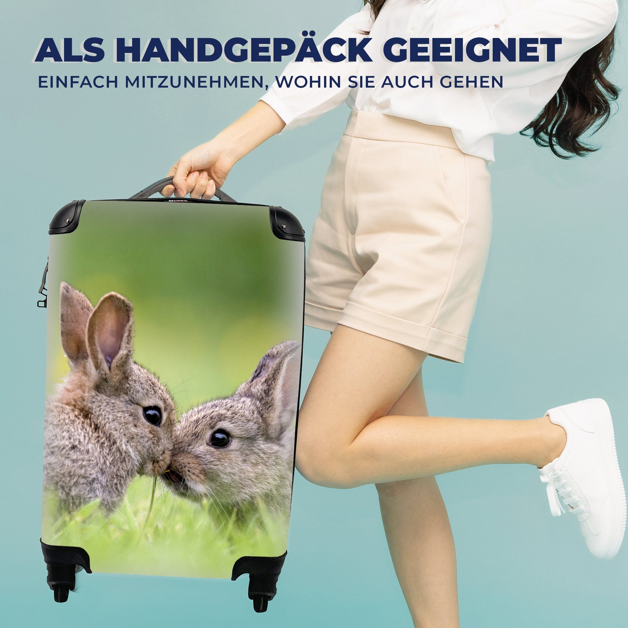 Handgepäckkoffer MuchoWow 4 - Trolley, Rollen, rollen, Reisetasche - mit Baby für Ferien, Gras, Reisekoffer Kaninchen Handgepäck