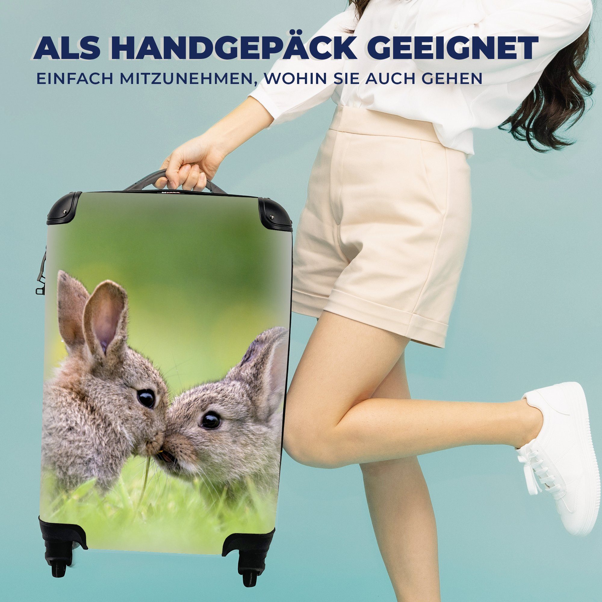 MuchoWow Handgepäckkoffer Kaninchen - Baby - Gras, 4 Rollen, Reisetasche mit rollen, Handgepäck für Ferien, Trolley, Reisekoffer