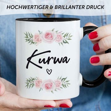 GRAVURZEILE Tasse bedruckt mit Spruch - Kurwa - Lustige Geschenke - Für Freunde, aus Keramik - Spülmaschinenfest, Farbe: Schwaz & Weiß