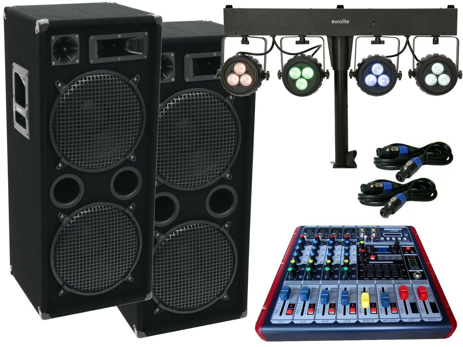 DSX DSX PA Set 2 Powermixer Anlage LED Licht DJ 3Wege USB Musikanlage Party-Lautsprecher