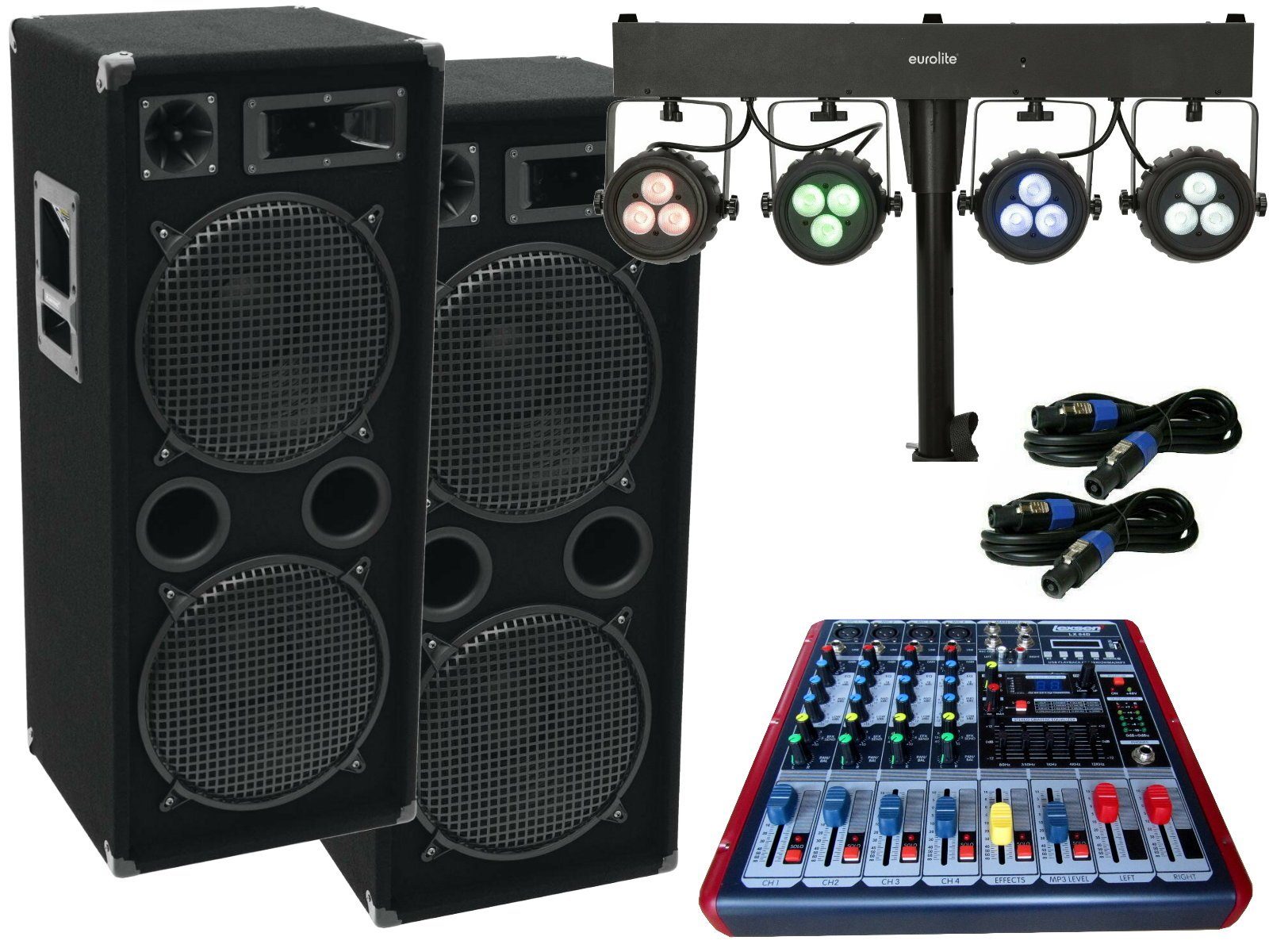DSX PA Set 2 Powermixer Anlage LED Licht DJ 3Wege USB Musikanlage Party-Lautsprecher