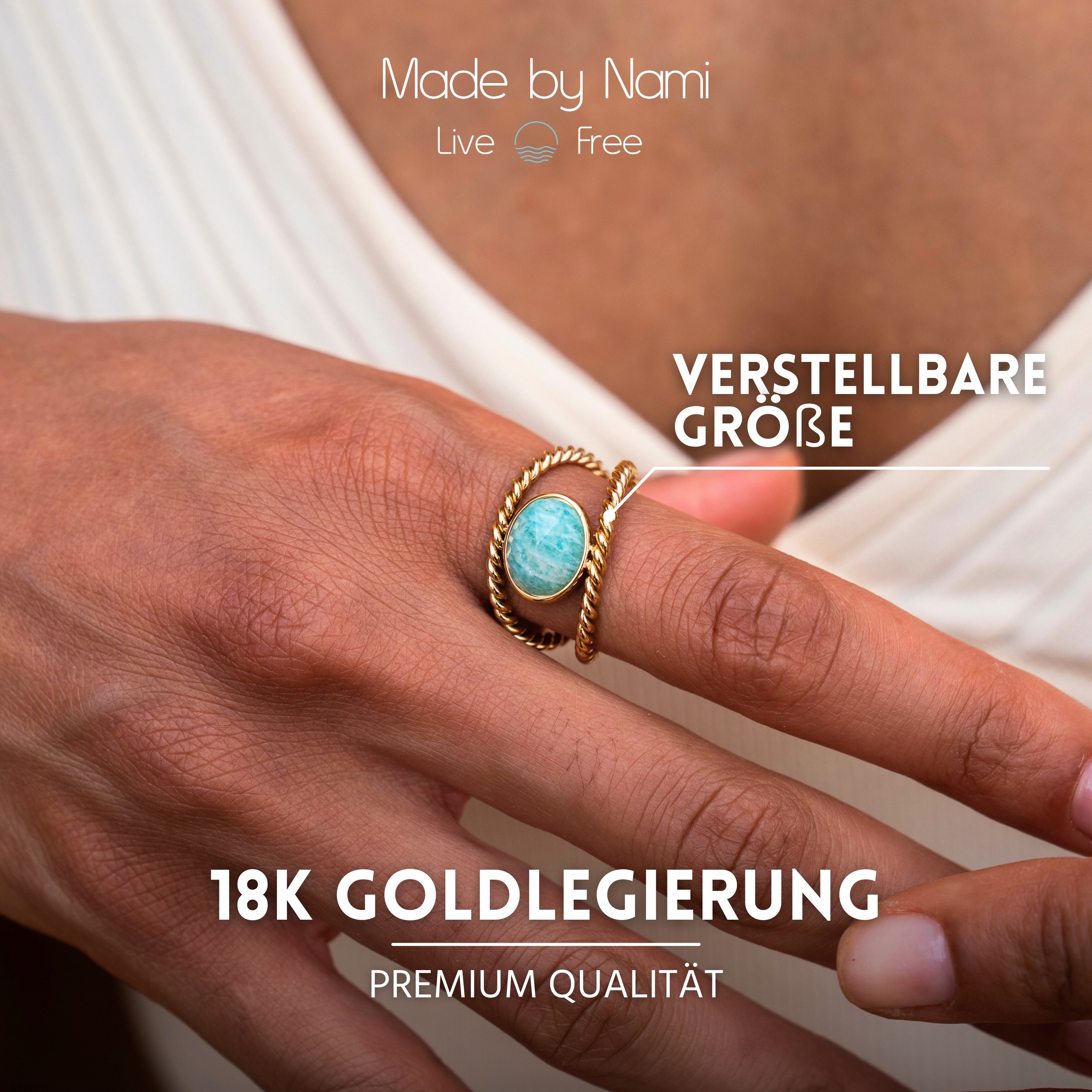 Made by Nami Fingerring Gold Damen mit Edelstein aus Chirurgischem Edelstahl - Türkiser Stein, Verstellbare Größe - Wasserfester Schmuck Hypoallergen – Bild 4 von 5