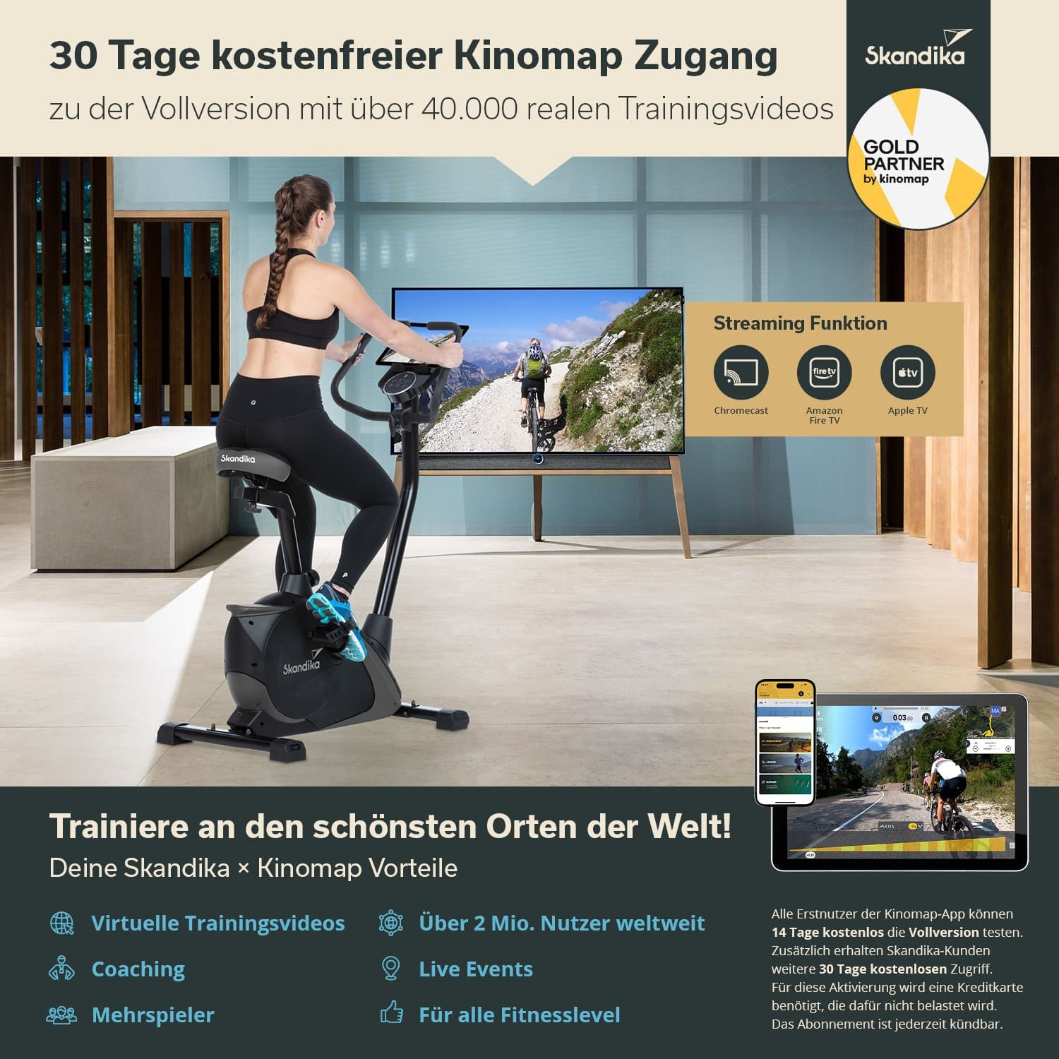 Skandika Ergometer Hometrainer Vinneren, Fitness Fahrrad mit Magnetbremssystem, 11kg Schwungmasse, 12 Trainingsprogramme, Tablet-Halterung, Bluetooth