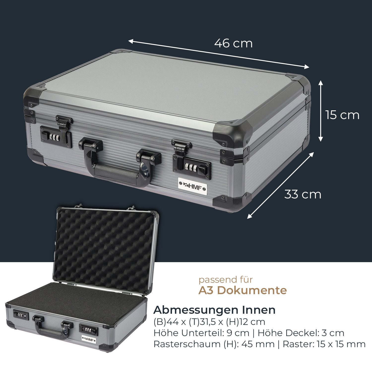 HMF Kameratasche Alu Fotokoffer mit Rasterschaumstoff, Kamerakoffer mit zwei 3er Zahlenkombinationsschlössern 46 x 33 x 15 cm – Bild 5 von 5