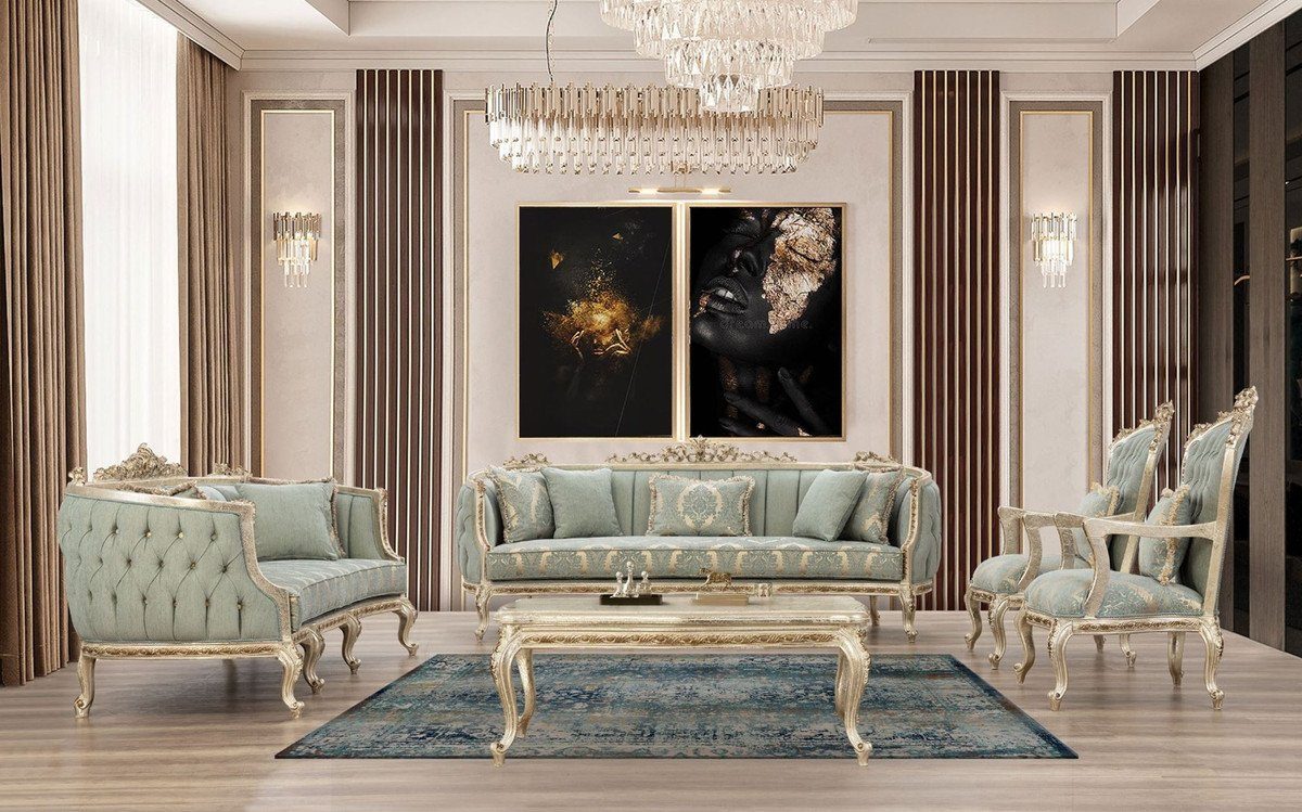 Sofa - Casa Antik Luxus Wohnzimmer Wohnzimmer Prunkvolles Möbel Sofa - Sofa Barock Grün mit / elegantem Muster Gold Barock Padrino