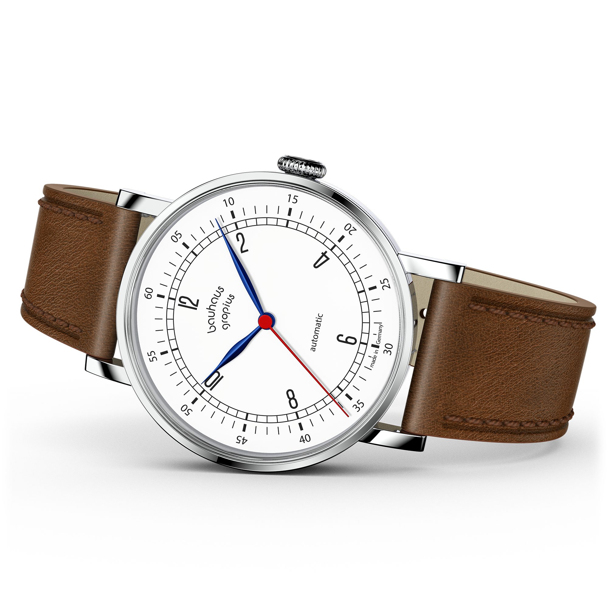 Walter Gropius Automatikuhr Made in Germany, Damenuhr, Herrenuhr, Unisex, Saphirglas - WGNA 002-01 New Bauhaus Automatik, Armbanduhr, Lederarmband, Edelstahlgehäuse, Mechanisch, Uhr, Weiß