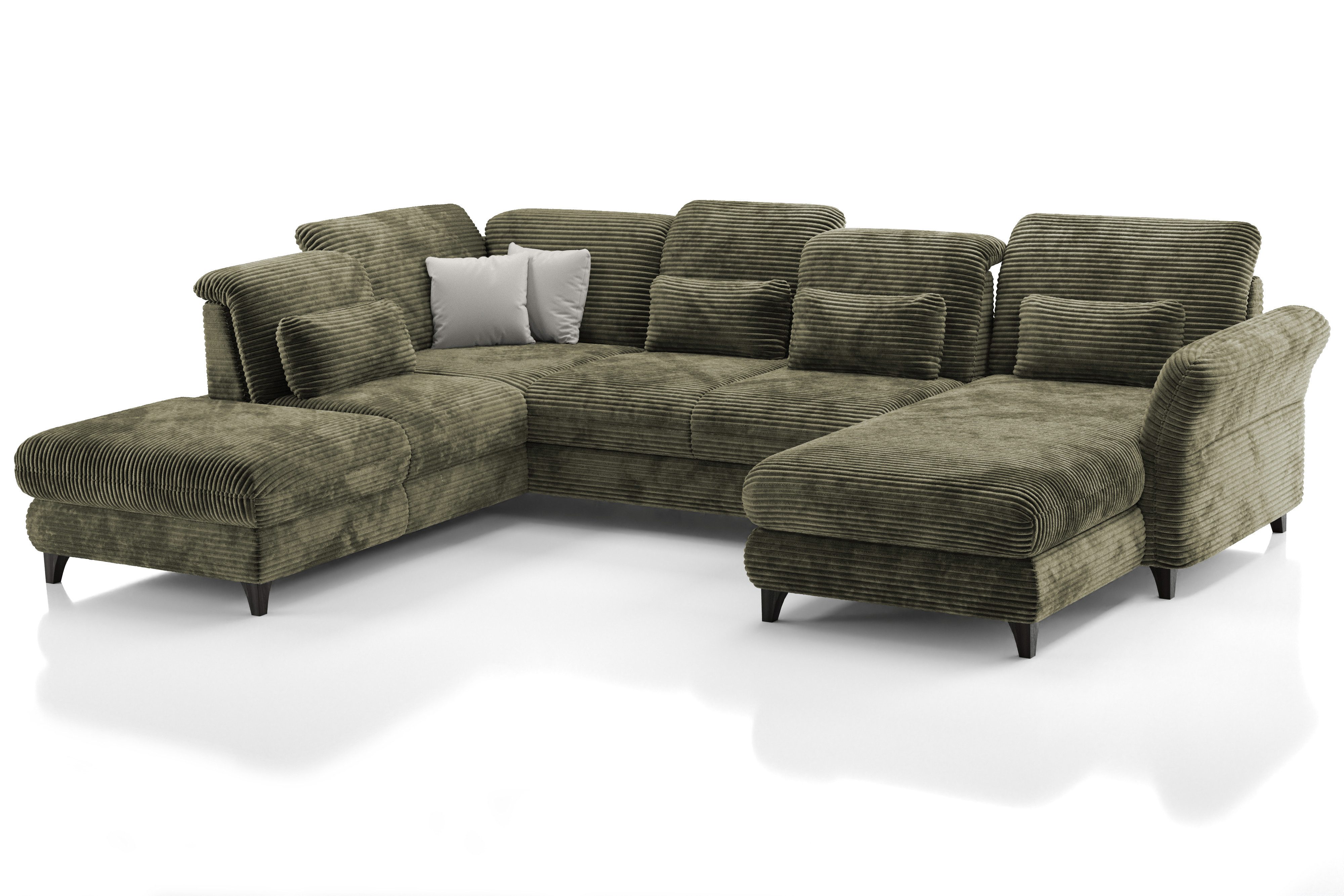 Hygger Möbelhaus Wohnlandschaft Eva U-Form XXL mit Schlaffunktion & 2 Bettkästen, B × T₁/T₂: 350 × 190/250 cm, Taschenfederkern, Sitztiefen-, Kopfstützen- und Armlehnenverstellung