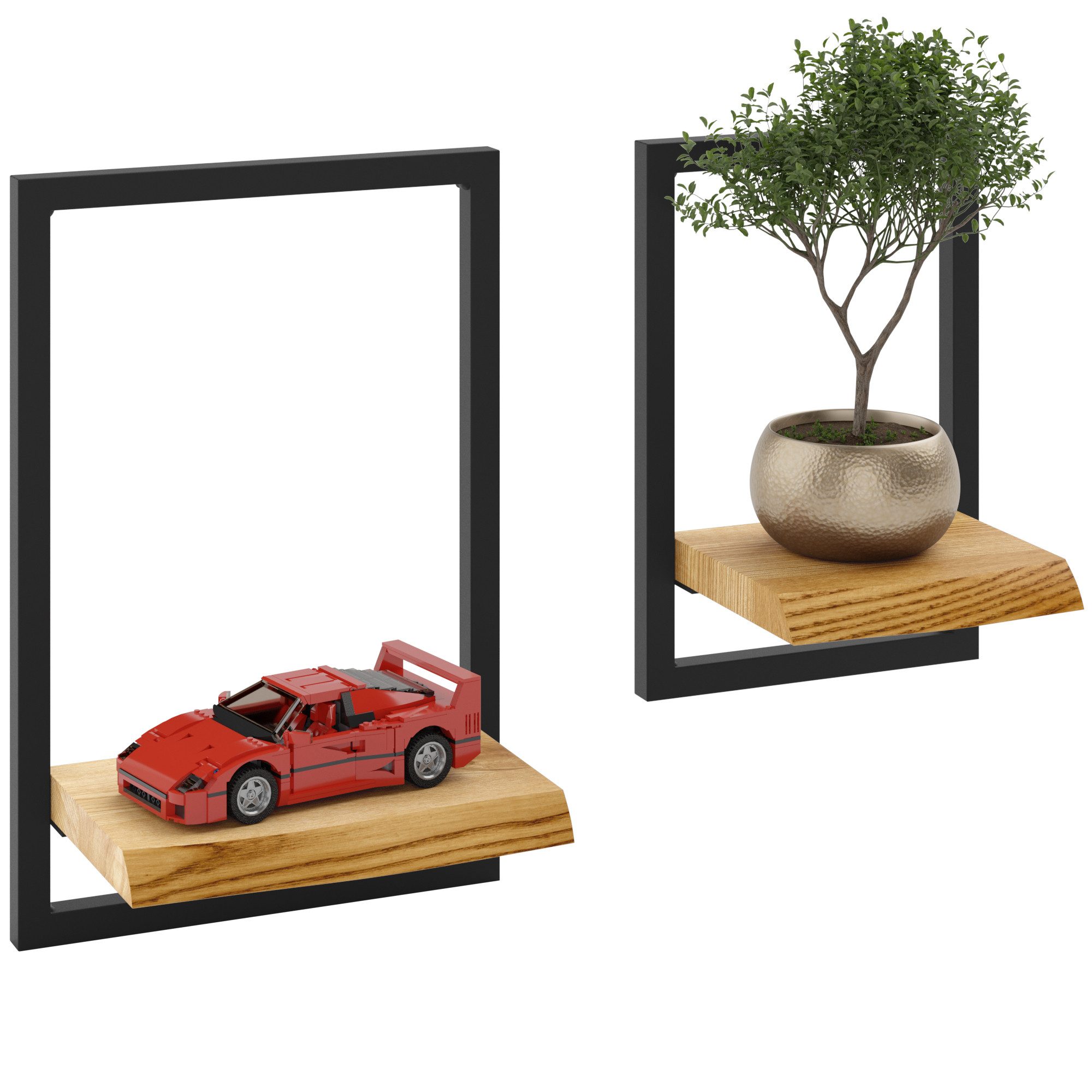 LAMO Manufaktur Wandregal Holz Set 2 St. 15/20 cm Farbe: Rustikal, Rahmen: Schwarz, Schweberegal Massiv 100% Echtholz, Tassenregal für Küche, Bildregal, Parfüm Regal für Badezimmer