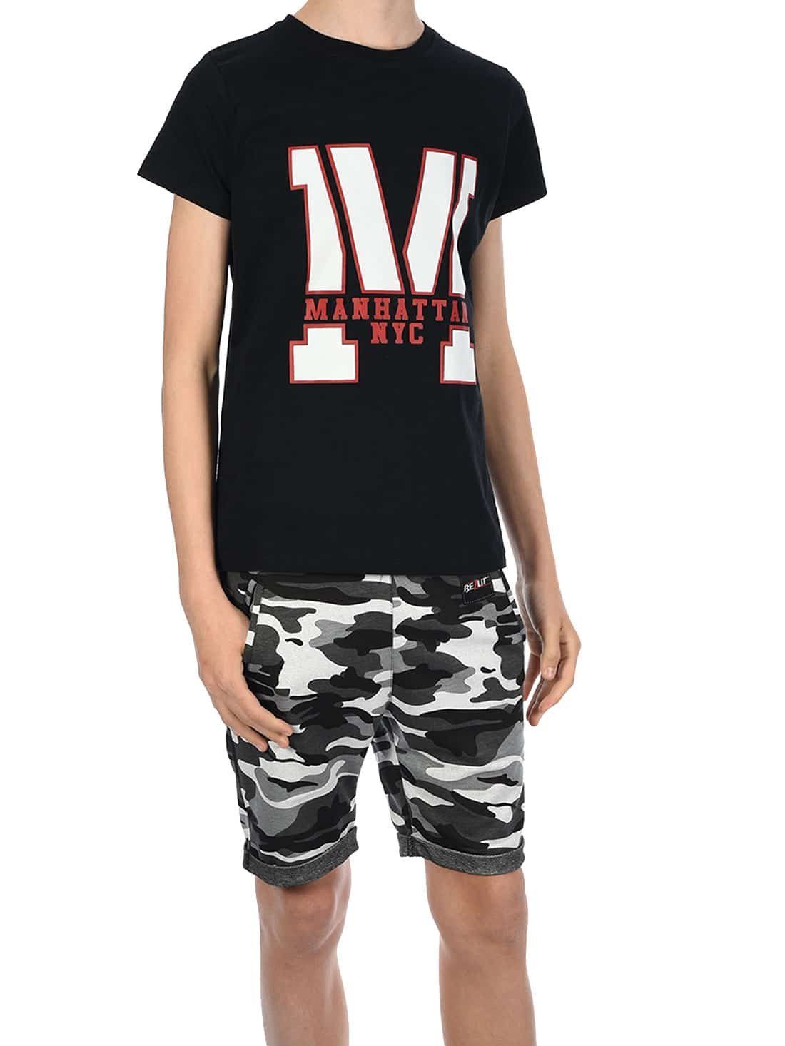 / Schwarz Shorts Jungen T-Shirt (1-tlg) T-Shirt BEZLIT Bund Camouflage & mit elastischem Set Shorts