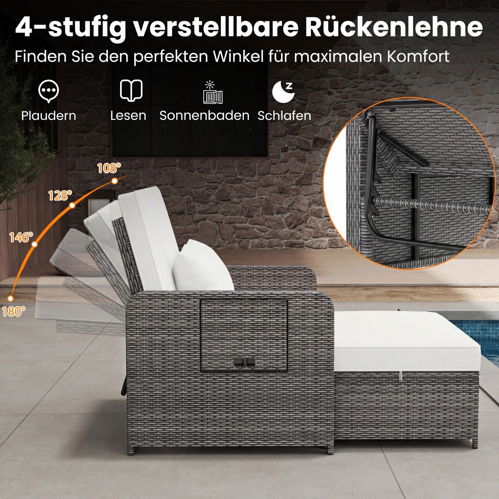COSTWAY Loungebett, Gartenliege mit Auflage, verstellbarer Rückenlehne, Stauraum Rattan
