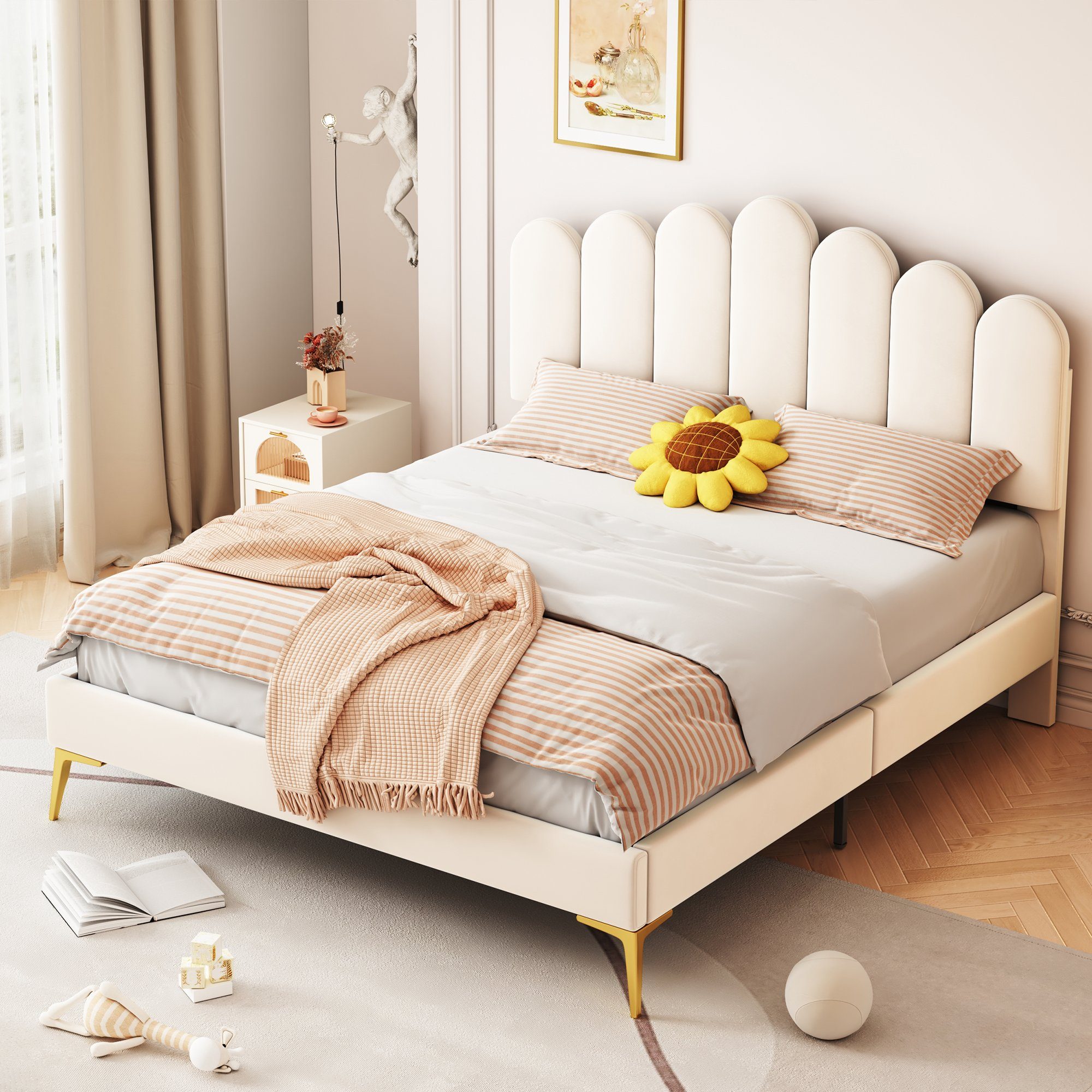 Polsterbett (Doppelbett 140 x 200 cm, ohne Matratze), mit Finger-Form & Verstellbares Kopfteil und Lattenrost, Samtstoff