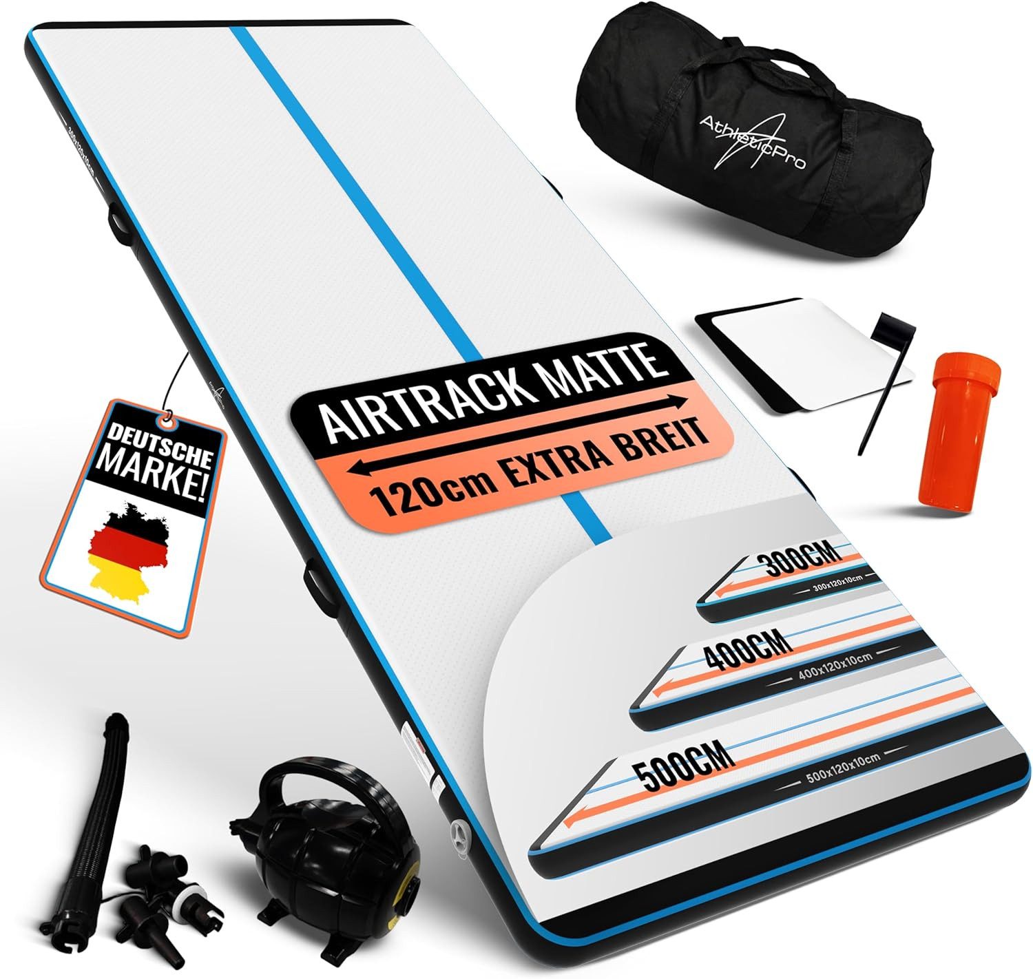 AthleticPro Turnmatte Airtrack Matte - 120cm breit, 3-5m Turnmatte aufblasbar, Tragetasche (20 cm), inkl. elektrischer Pumpe, Reparaturset, wasserdicht