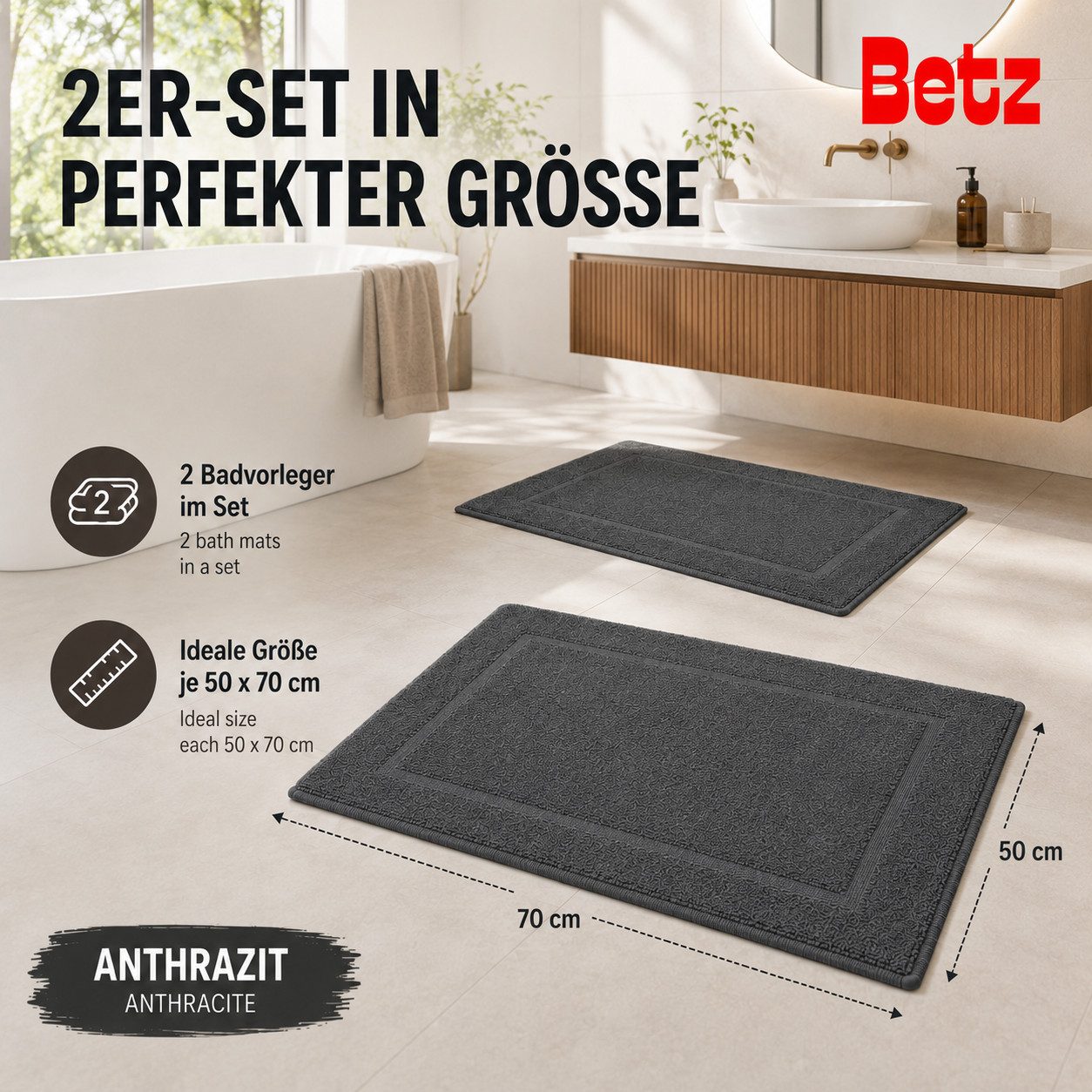 Betz Badematte 2 Stück Badvorleger Premium Badteppich Größe 50x70 cm, unbeschichtet, beidseitig nutzbar, beidseitig nutzbar, Baumwolle, Qualität 650g/m² – Bild 2 von 5