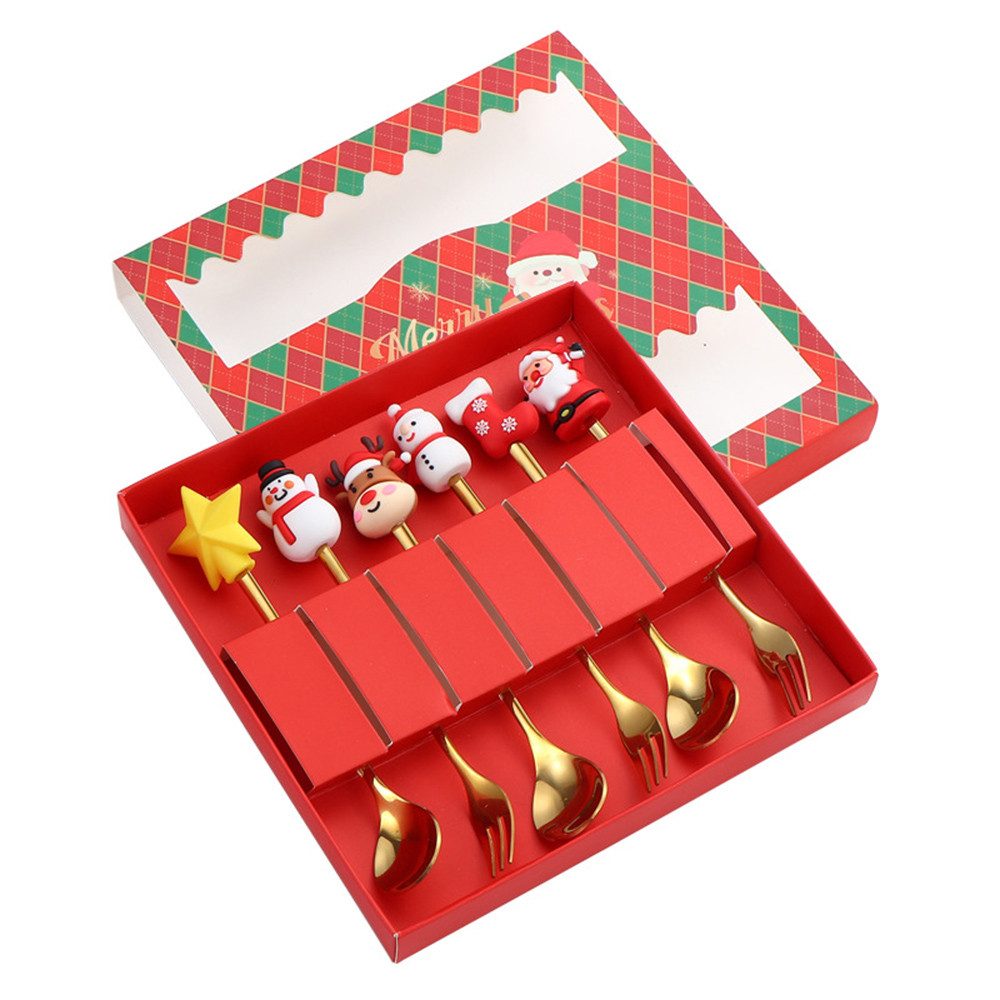 Coonoor Geschirr-Set 6 Stück Edelstahl Weihnachtslöffel Weihnachten Weihnachtsgeschirr Set, für Kaffee, Dessert & Weihnachtsgläser – Kleine Weihnachtsgeschenke
