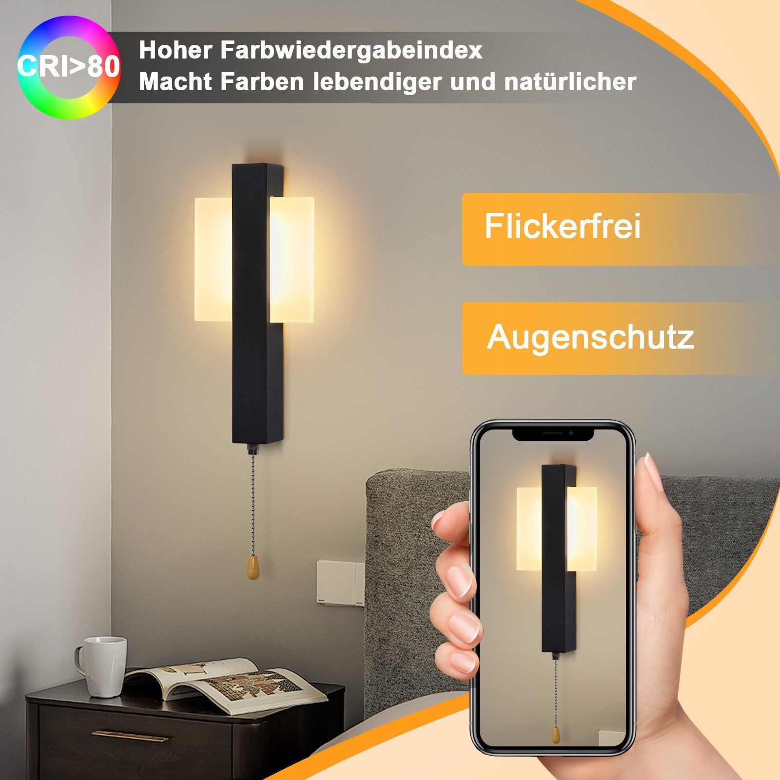Nettlife LED Wandleuchte Innen Schnurschalter Flurlampe Schwarz Modern Wandleuchte Warmweiß, LED fest integriert, Warmweiß, Wandlampe für Schlafzimmer, Wohnzimmer, Flur