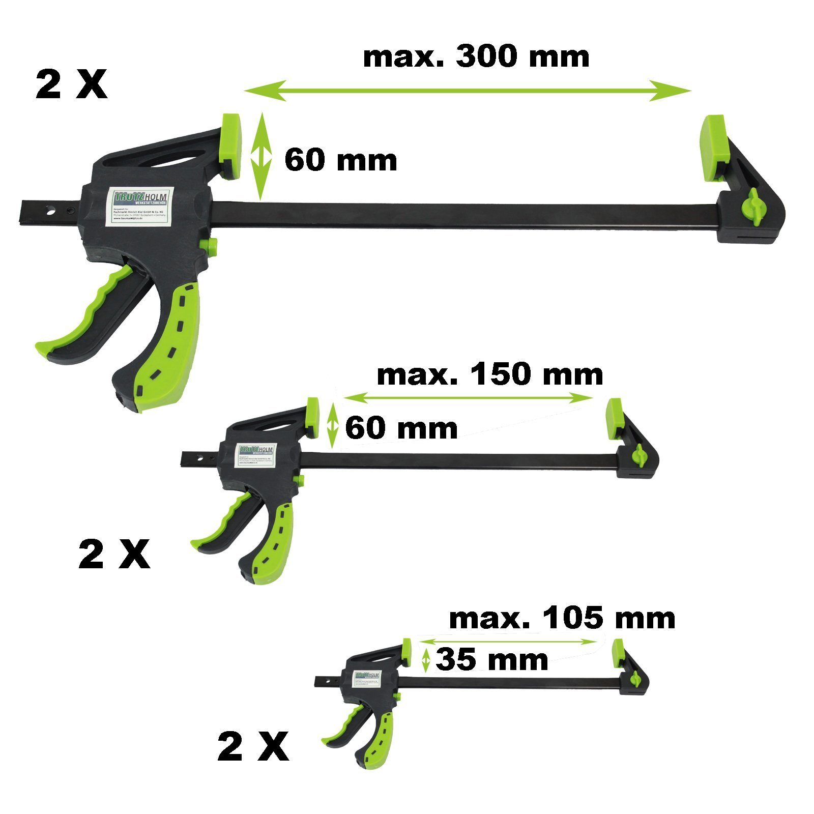 60x30, Größen (Set) 6x 3 Schraubzwinge 60x150 35x300 Schnellspannzwinge mm mm TRUTZHOLM Einhandzwinge