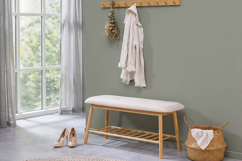 riess-ambiente Schuhbank ZEN-BO 90cm natur/beige - Bambus, FSC, Regal, Sitzbank, mit Stauraum (Einzelartikel, 1-St), Gepolsterte Garderobenbank aus Massivholz - ideal für Eingangsbereich