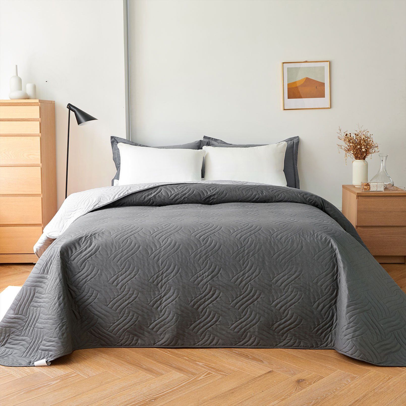 Bettüberwurf Kunstfaser, aus Tagesdecke Doppelbetten oder KEAYOO, für Einzelbetten TD, Hell&DunklegrauWelle 100%