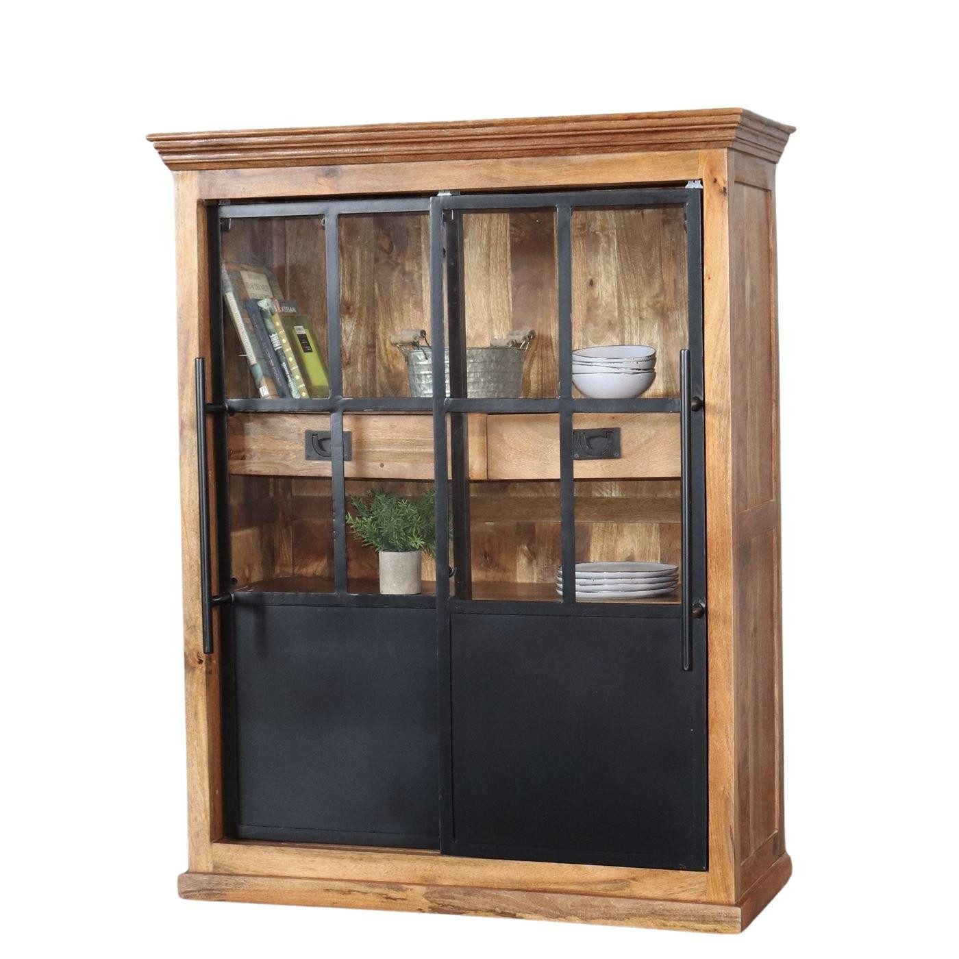 baario Highboard Highboard HOXT Industrial, Vitrine massiv Mangoholz & Eisen Geschirrschrank