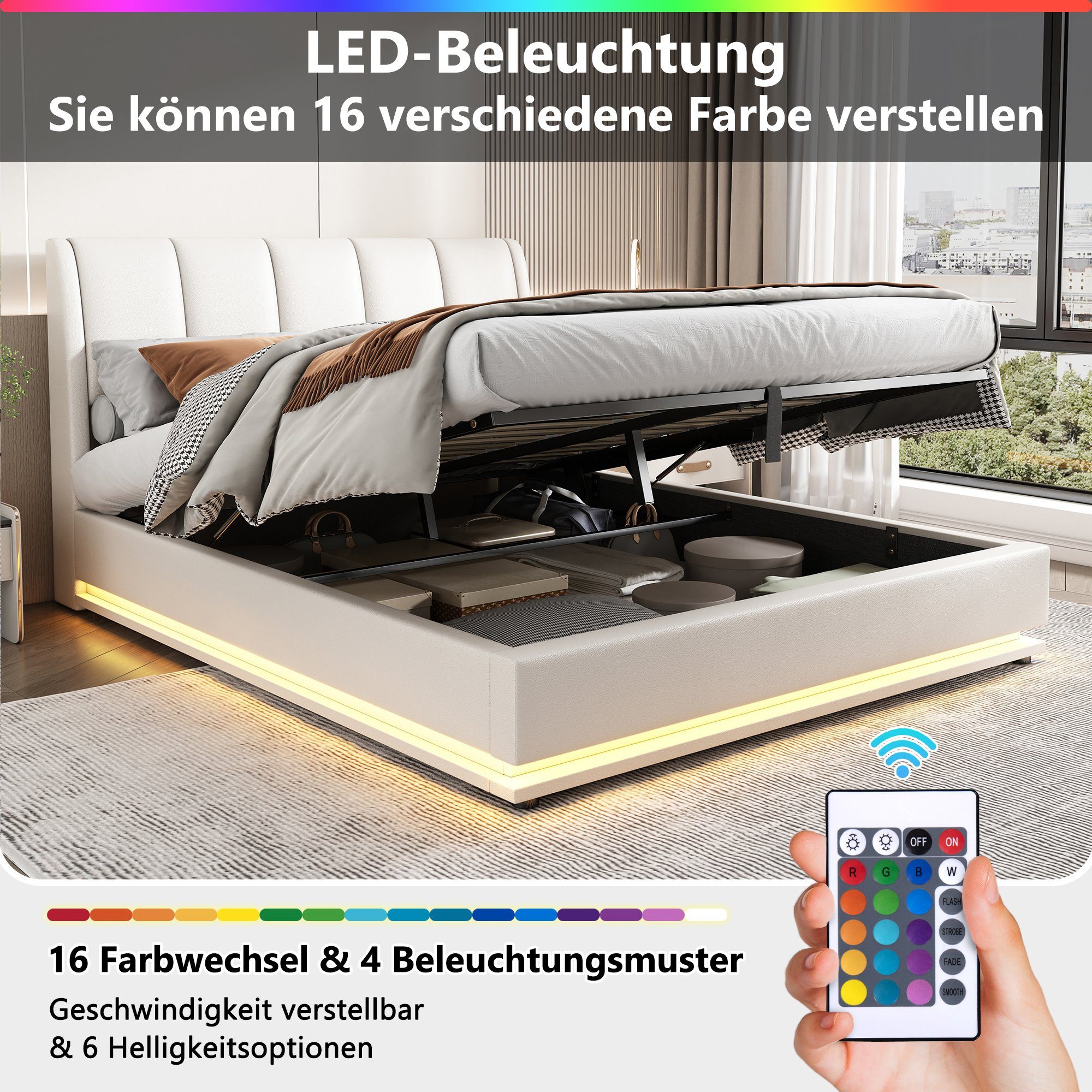 Boxspringbett (Doppelbett 180 x 200 cm mit Lattenrost und LED Beleuchtung), Polsterbett inkl. Hydraulisch anhebbarer Bettstauraum, Kunstleder