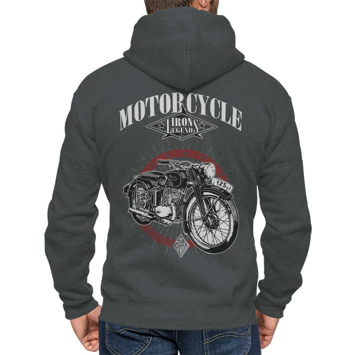 Rebel On Wheels Kapuzensweatjacke Kapuzenjacke Zip Hoodie Iron Legend mit Motorrad / Biker Motiv Anthra Melange