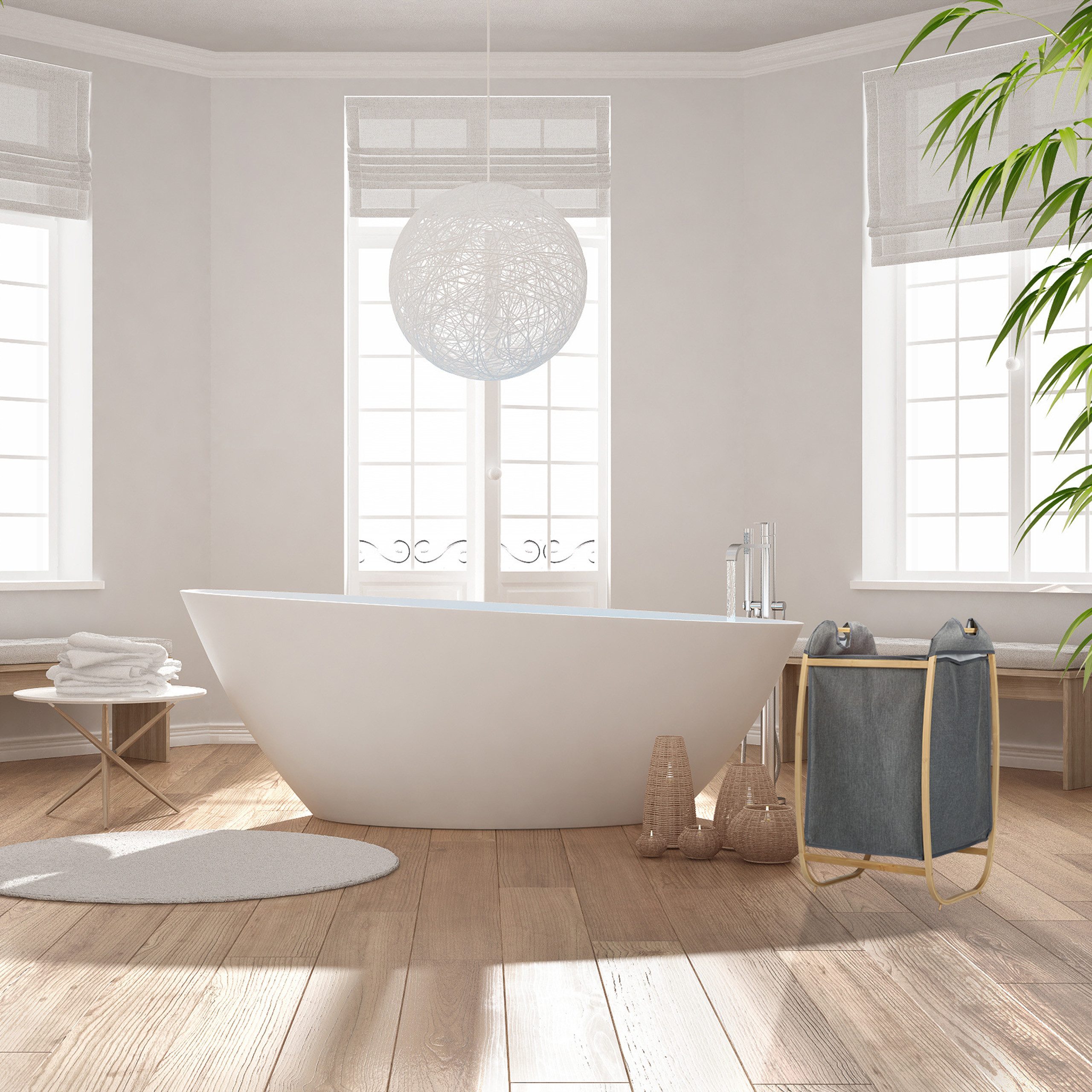 relaxdays Wäschekorb Grauer Wäschekorb mit Bambusrahmen günstig online kaufen