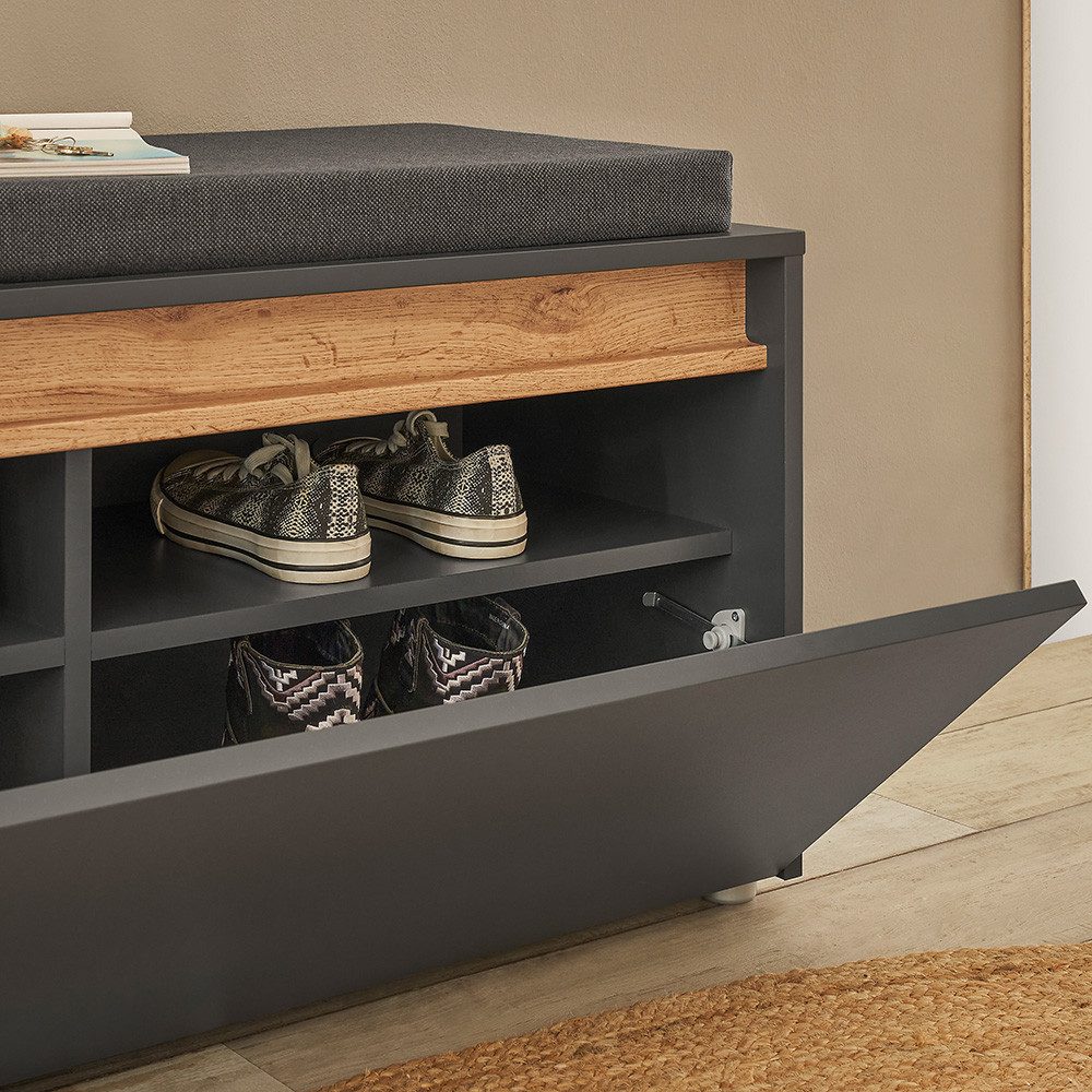 Lomadox Garderoben-Set CRISP-61, (Spar-Set, 4-St., Spiegel Schuhbank Garderobenschränke), Anthrazit mit Eiche, griffloses Design, modern, Spiegel