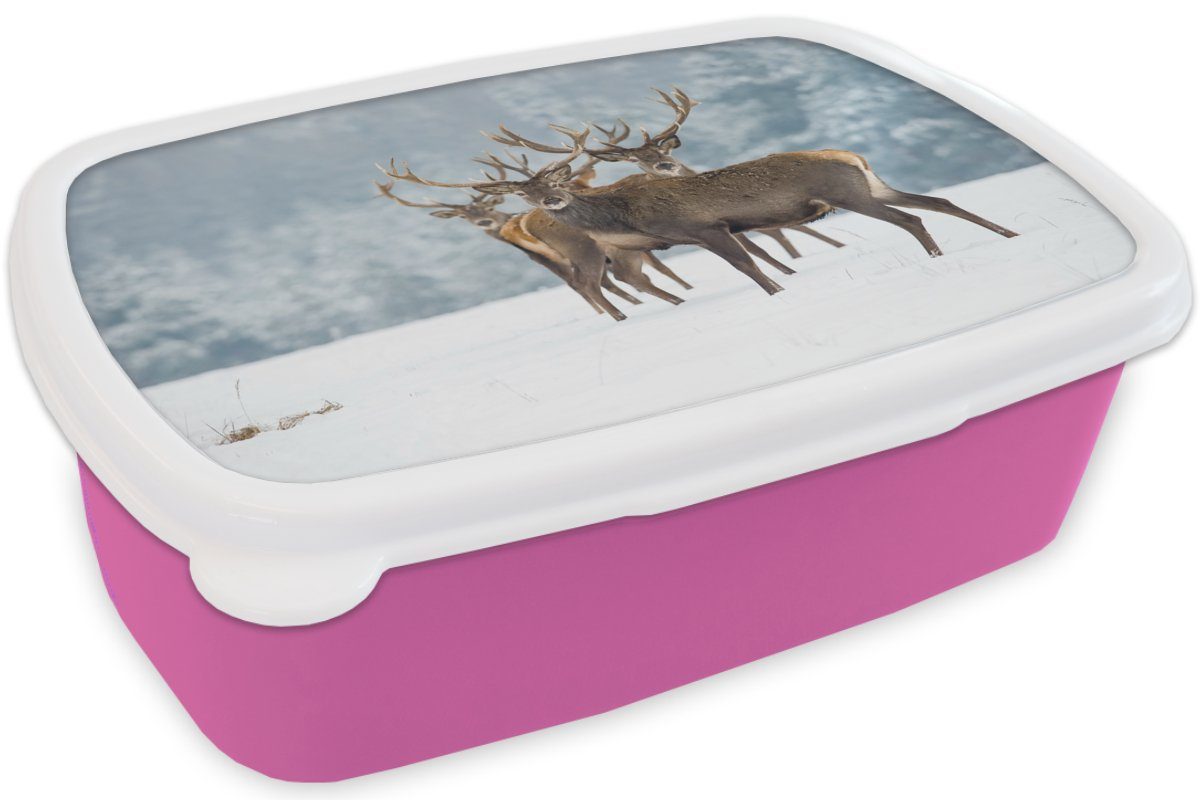 - Winter Mädchen, - Hirsche - Snackbox, Lunchbox Natur, Tiere (2-tlg), MuchoWow Brotbox Kunststoff, Kunststoff - Kinder, - Schnee Landschaft rosa für Brotdose Erwachsene,
