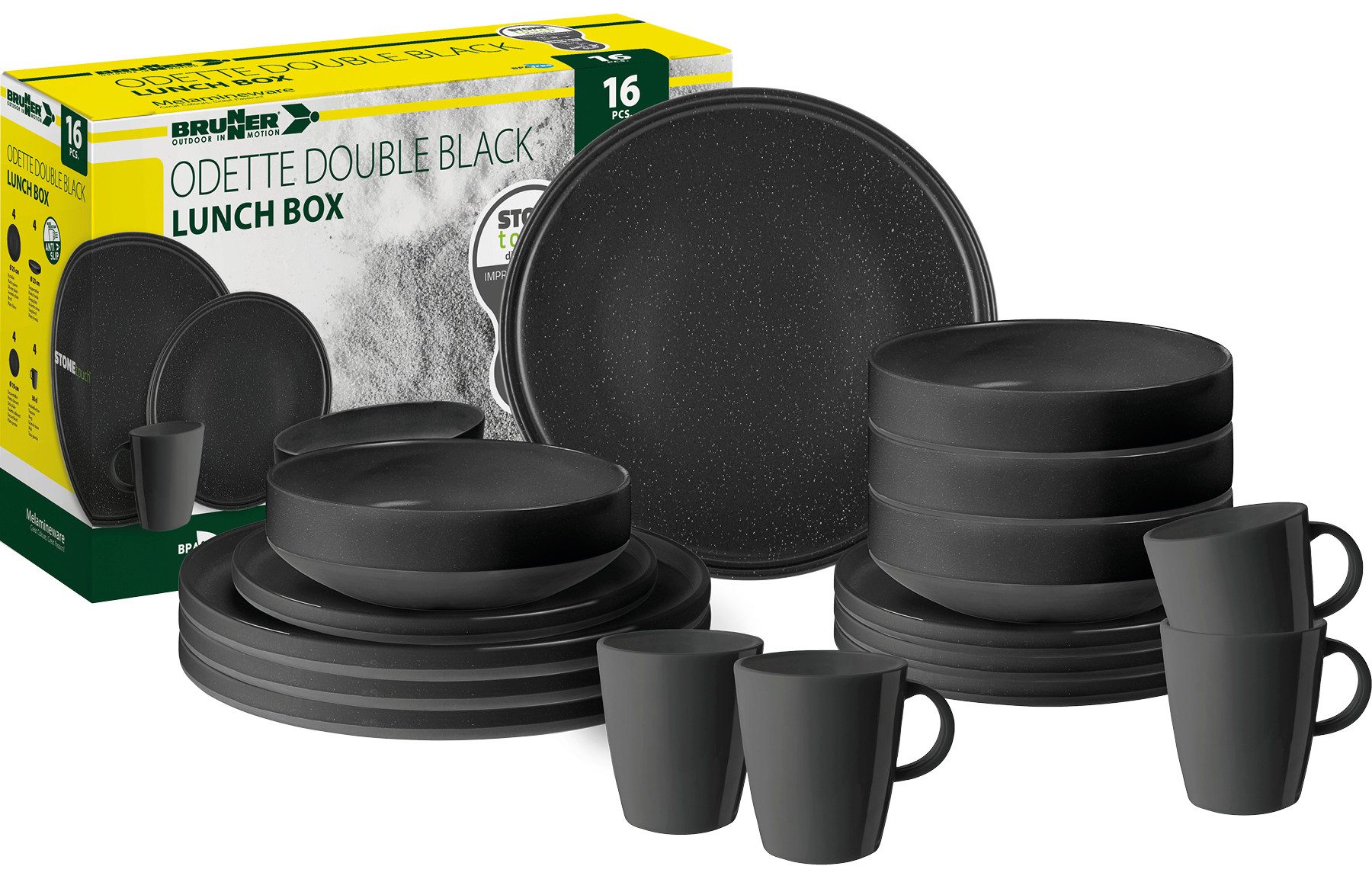 BRUNNER Geschirr-Set Lunch Box Odette Double Black, 4 Personen, 16 Teilig geeignet für den Outdoor Bereich (Camping, Picknick uvm)