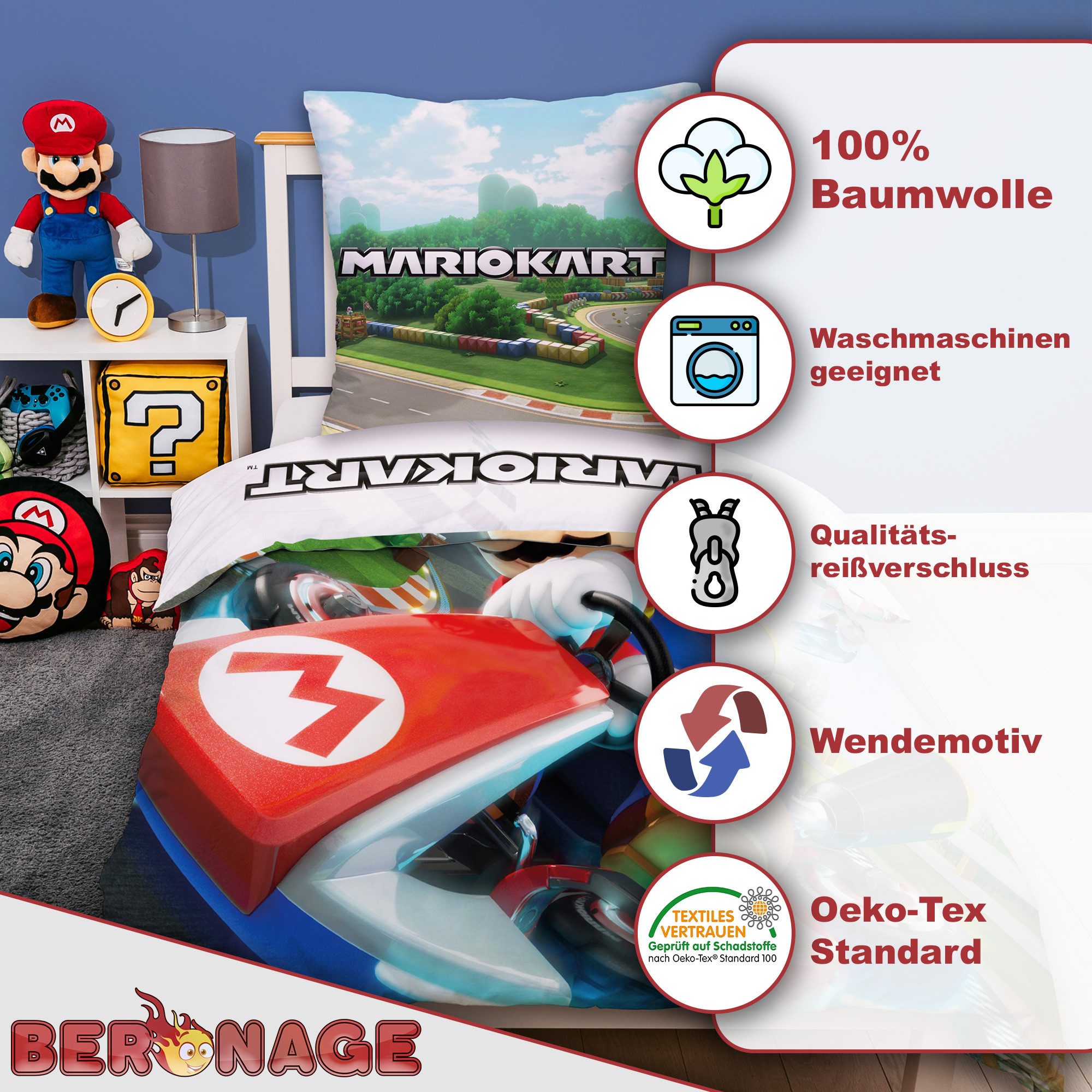 BERONAGE Wendebettwäsche Super Mario Kart Combo Bettwäsche Linon / Renforcé, reine Baumwolle, 2 teilig, 135x200 + 80x80 cm