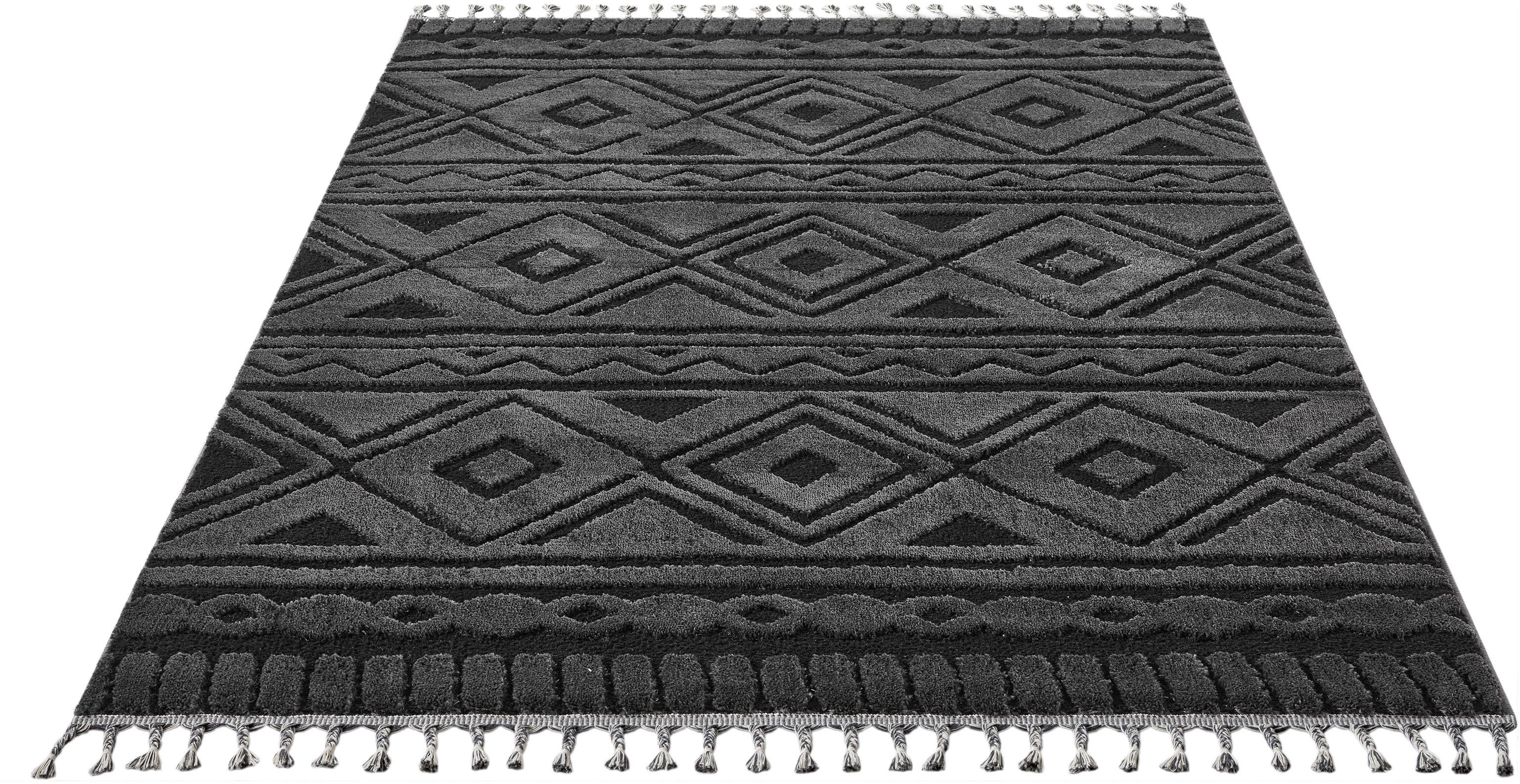 OTTO home Teppich Bonvo, rechteckig, Höhe: 19 mm, mit Fransen, Hoch-Tief-Struktur, Wohnzimmer, Schlafzimmer, Boho-Style