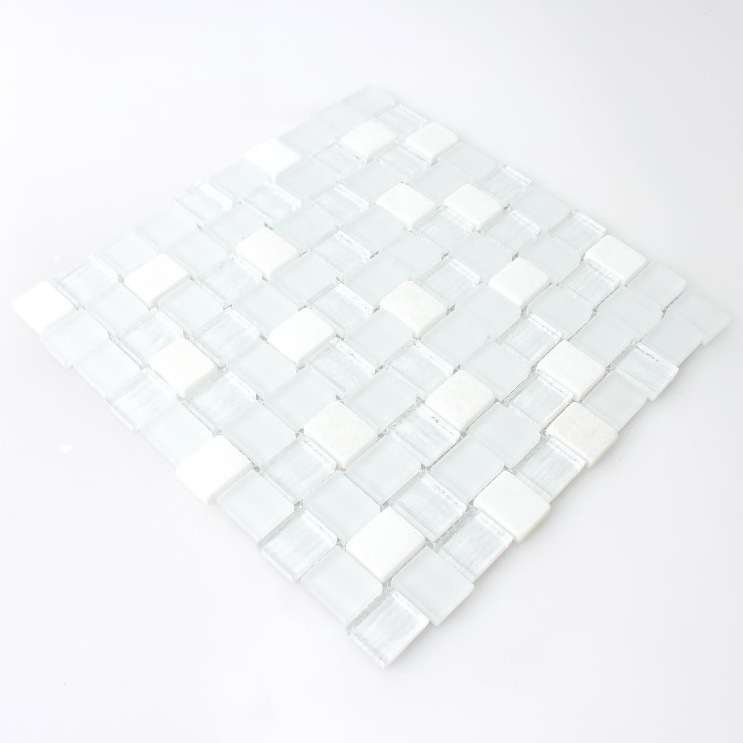 Mosafil Mosaikfliesen Glas Naturstein Mosaik Fliesen Ortega, Naturstein-Glas 27.300x27.300, weiß, Verlegefertig auf ein Netz geklebt - Frostsicher - Wasserfest