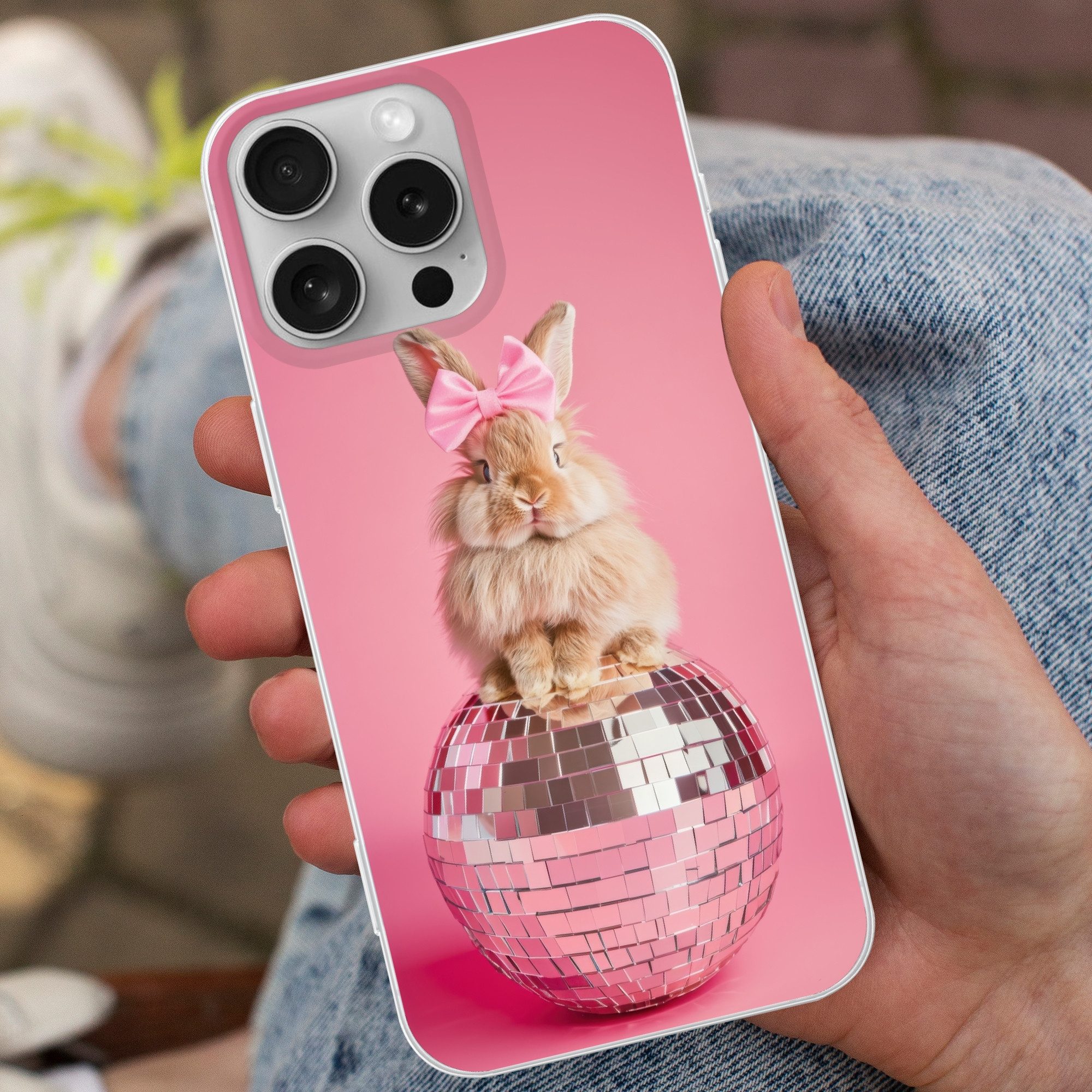 MuchoWow Handyhülle für Apple iPhone 16 Pro Max Schleife - Discoball - Kaninchen, Smartphone-Bumper, Print, Handy Schutzhülle Dünn
