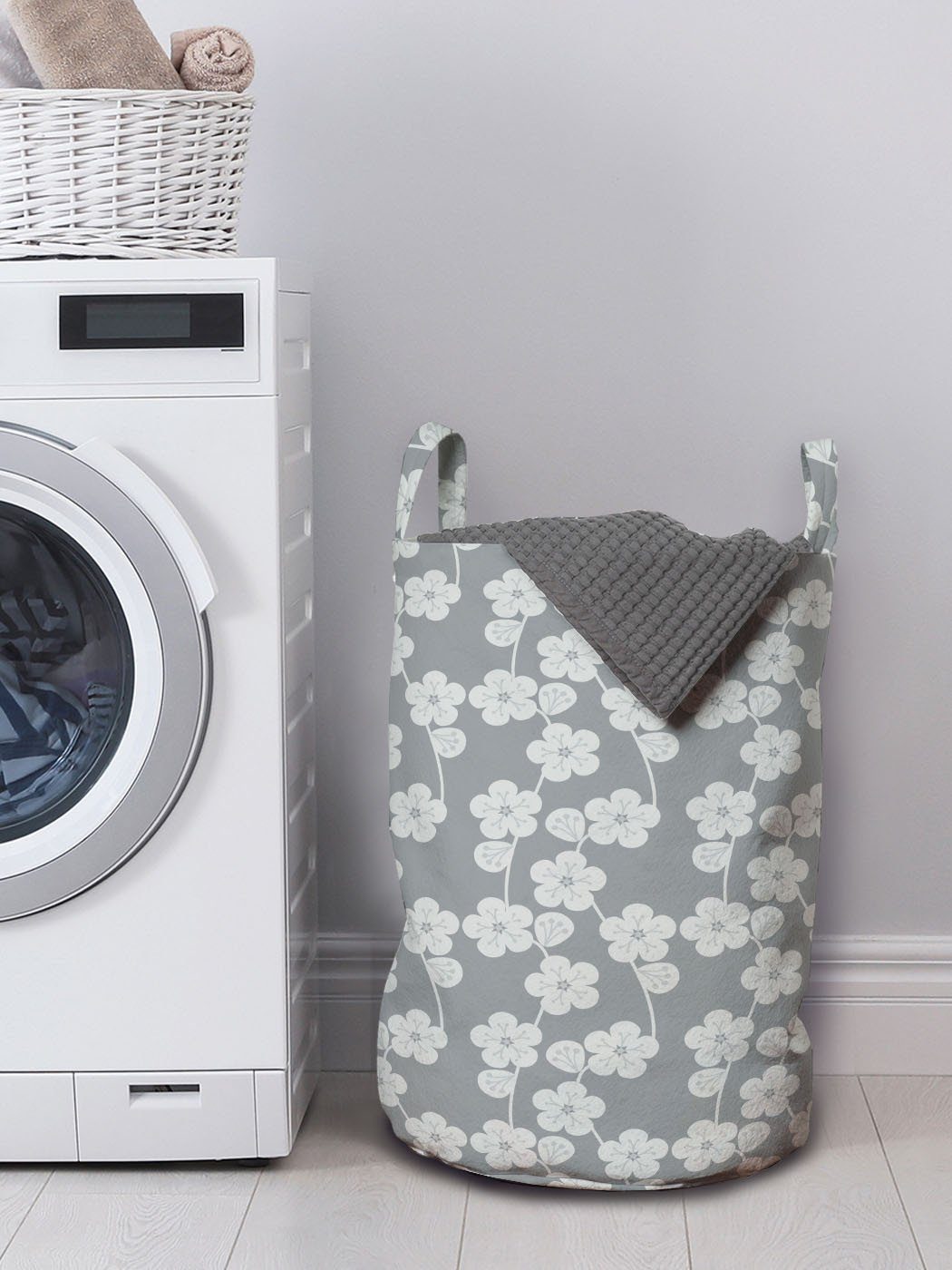 Waschsalons, Kordelzugverschluss für Wäschesäckchen Wäschekorb Griffen mit Abakuhaus Geometrisch Blumen-Knospen-Weinlese