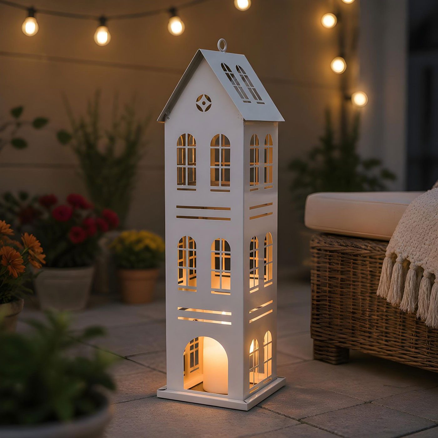 Levandeo® Kerzenlaterne Metall Laterne Haus Grau H49cm Dekohaus Windlicht Hausform Kerzenhalte – Bild 4 von 5