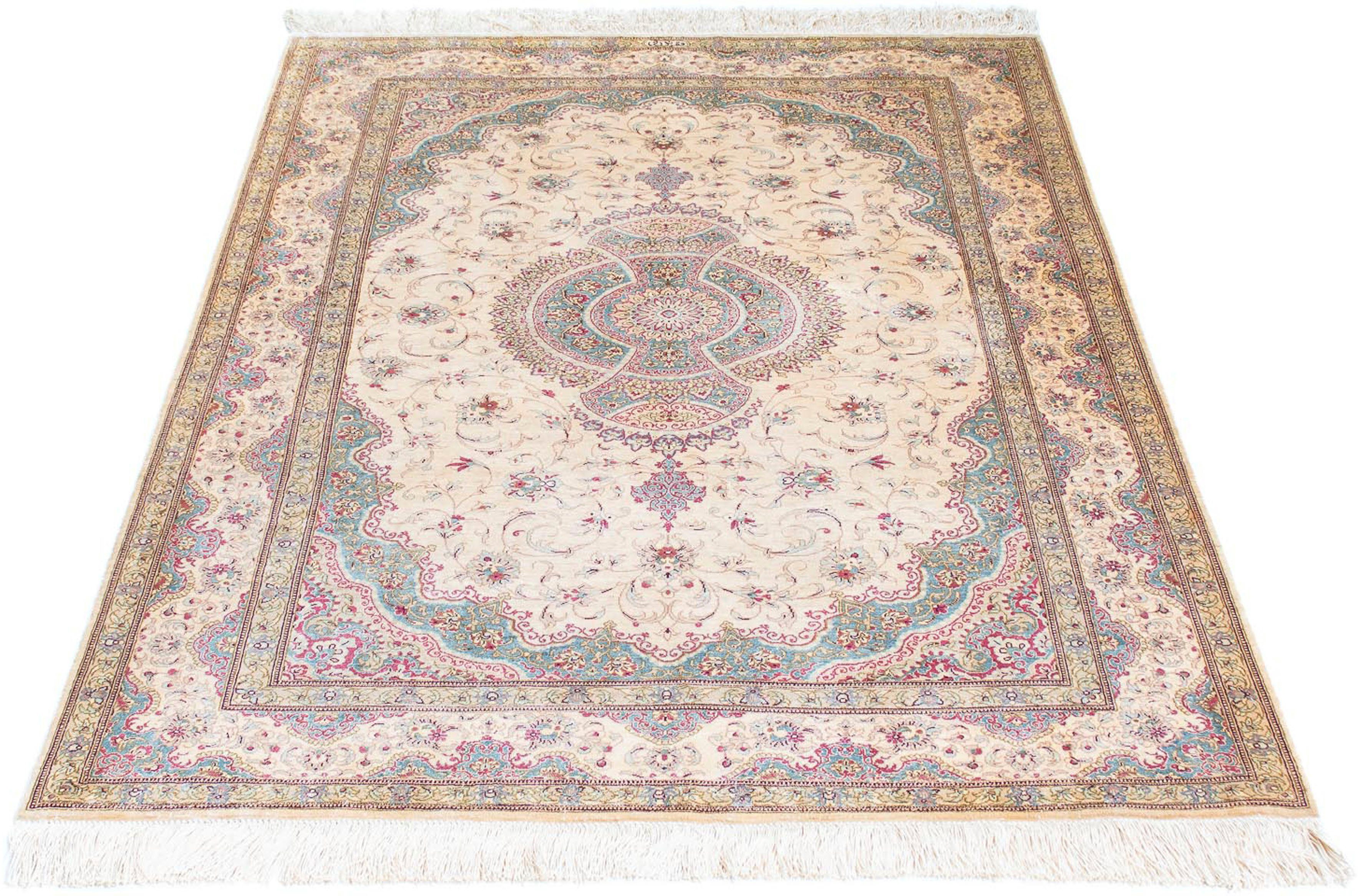 Orientteppich Perser - Ghom - 143 x 103 cm - beige, morgenland, rechteckig, Höhe: 10 mm, Wohnzimmer, Handgeknüpft, Einzelstück mit Zertifikat