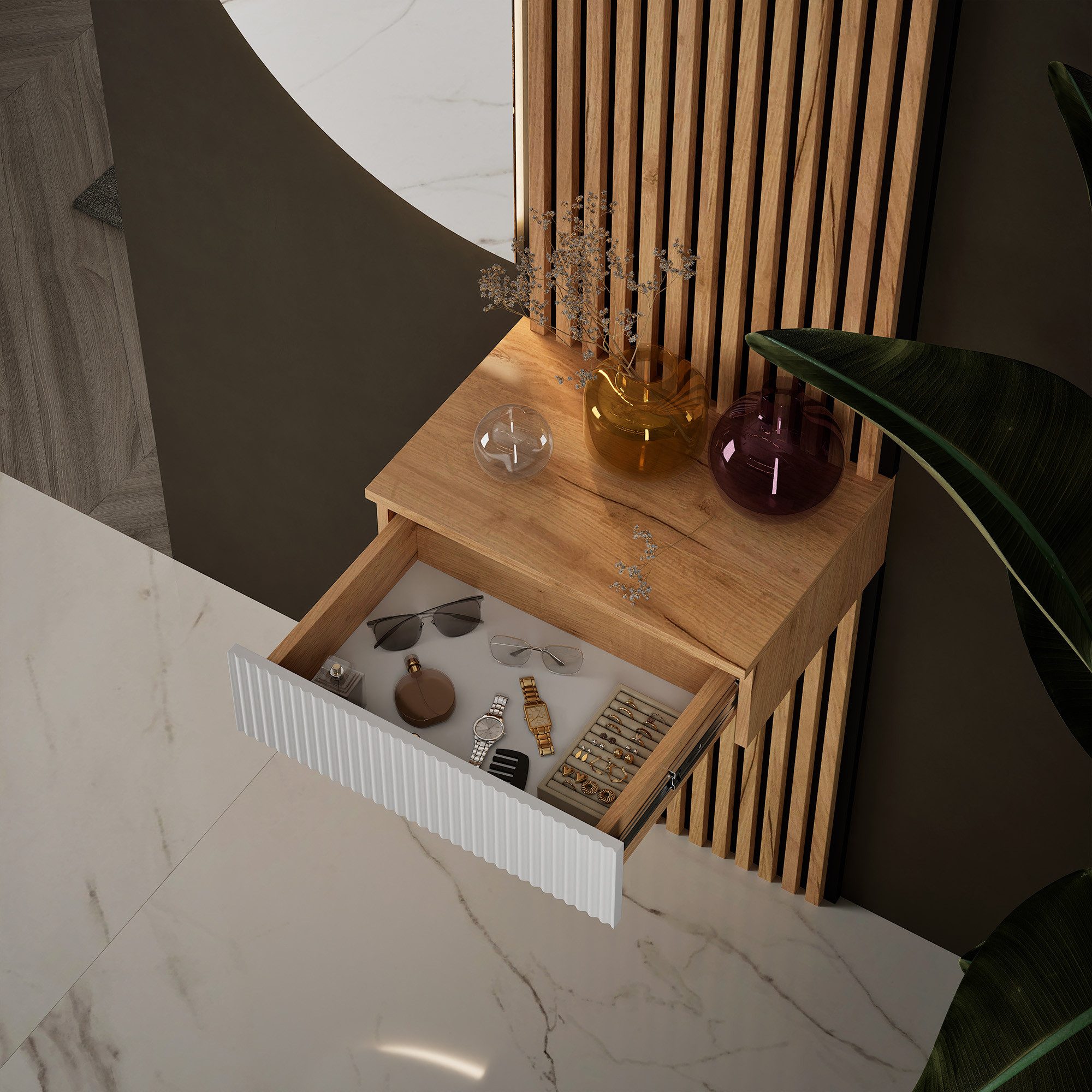 Planetmöbel Garderoben-Set AMYRA Flur Garderobe Spiegel mit Beleuchtung & Akustikpaneele, (LED Spiegel Nivora 50 x 100 cm, Touch-Funktion, Dimmbar, Konsolentisc – Bild 4 von 5