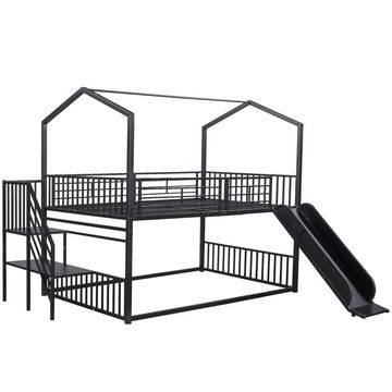 Welikera Hausbett 140*200 cm Hausbett,Eisenrahmen Bett mit Schiebetüren,Hausmodellierung, stabil und zuverlässig, schwarz