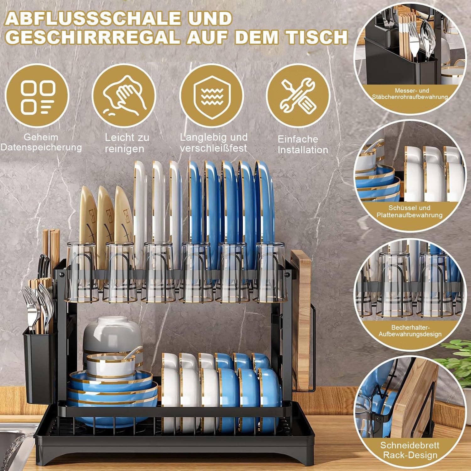 OKWISH Geschirrständer 2-stufiges Geschirrabtropfer Geschirr Trockenständer, Zubehör für Kitchen, Aufbewahrung Abtropfgestell mit Getränkehalter 42×30×29 cm – Bild 4 von 5