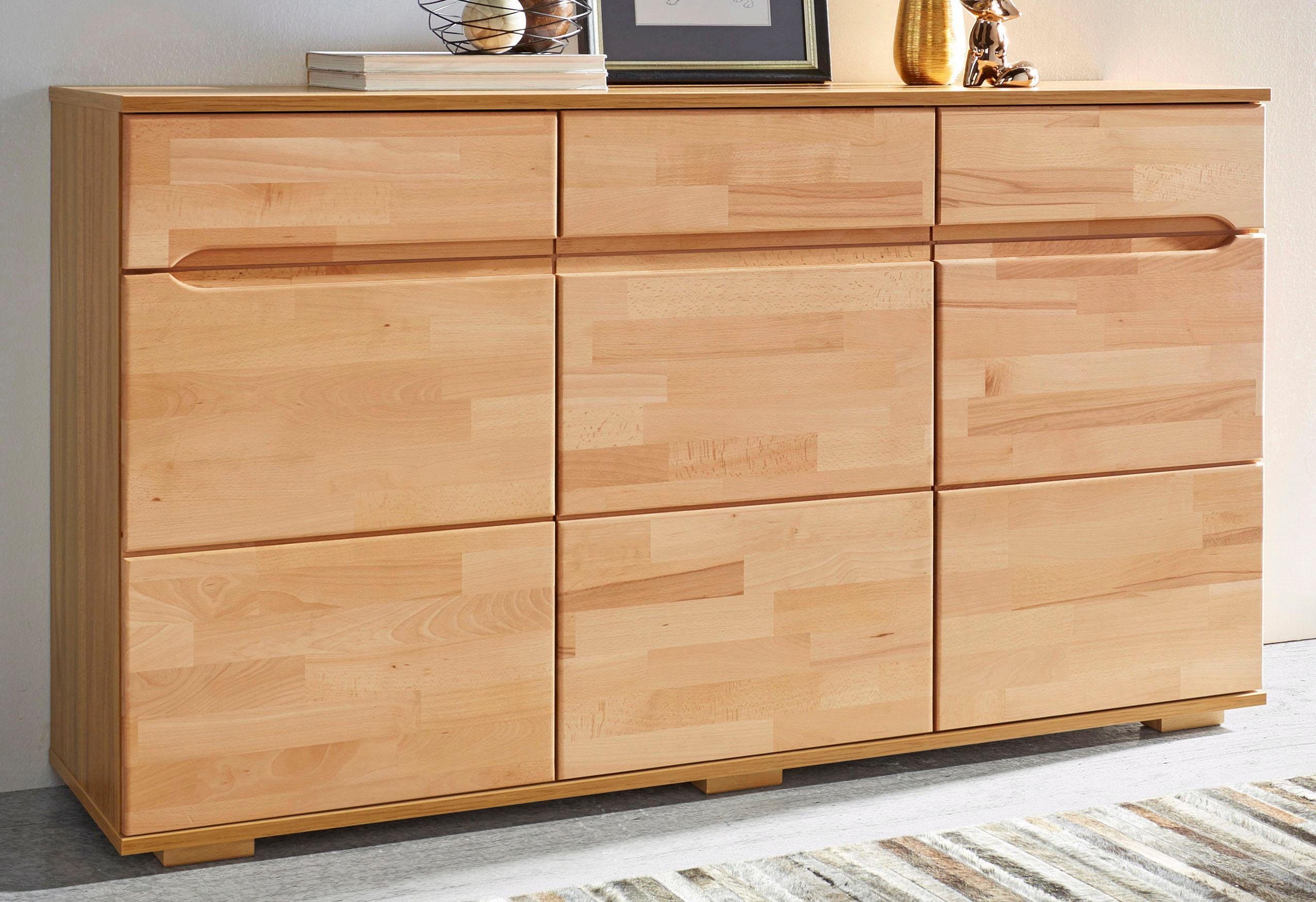 Home affaire Sideboard Vetro,150cm breit,40 cm tief, Fronten Massivholz,6 Fächer, Kernbuche massiv, Holzwerkstoff, 3Türen,3 Schubladen, Griffmulden