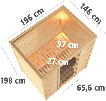 Karibu Sauna "Sonja" mit Klarglastür Ofen 9 KW externe Strg modern, BxTxH: 196 x 146 x 198 cm, 38 mm