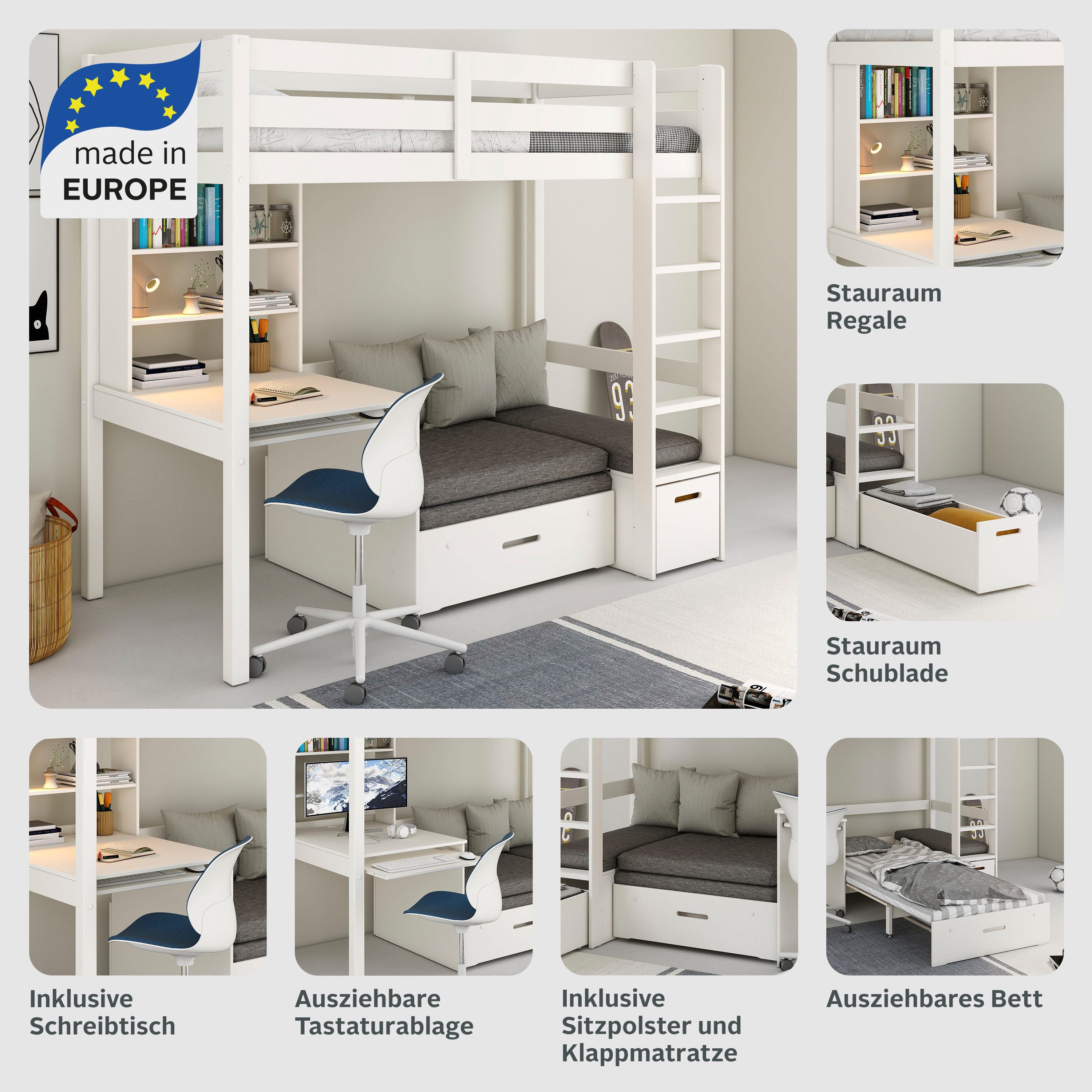 OTTO home Etagenbett HENNE' TOPSELLER! Hochbett, Ideal für kleine Räume, 2 Schlafplätze (zweiter Schlafplatz ausziehbar, B/H/T ca. 208/180/105cm), mit Polsterauflagen, Schreibtisch, Stauraum, seitenverkehrt montierbar