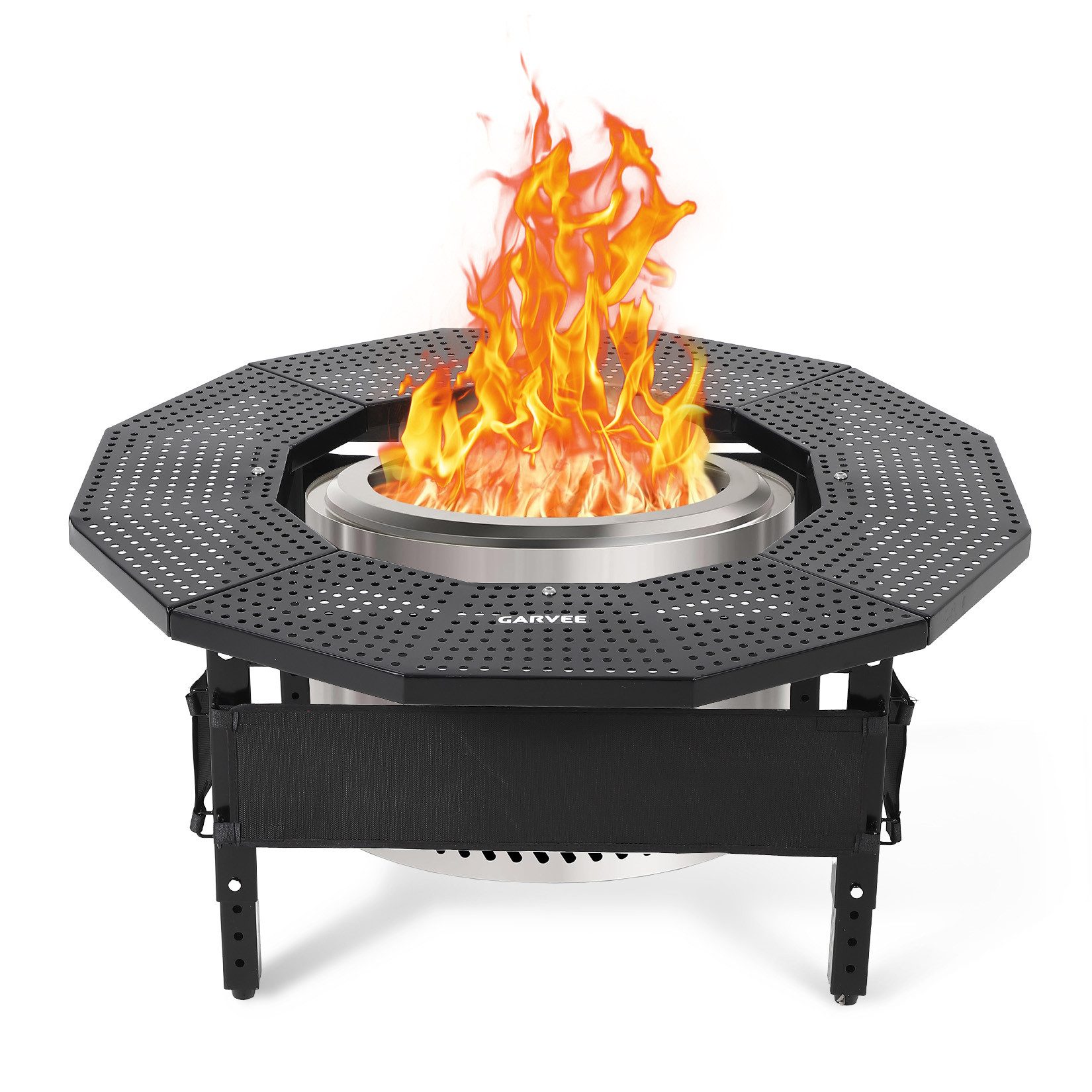 GarveeMore Feuerschale mit grillfunktion aus Stahl für Garten & Camping, 116x116x41 cm, groß, höhenverstellbar, 360° Schutz