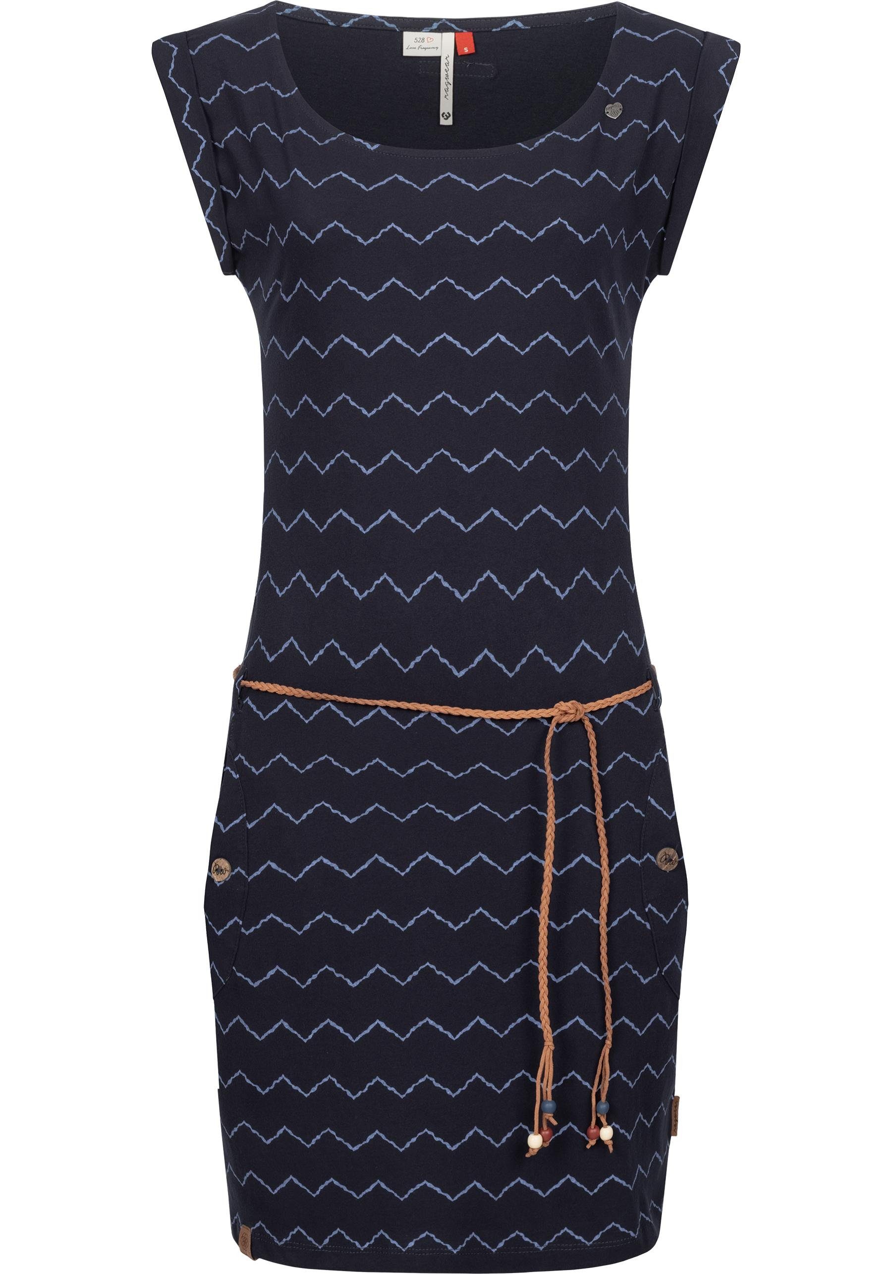 Ragwear Jerseykleid Tag Zig Zag mit Bindegürtel II coolem und stylisches Shirtkleid Print navy